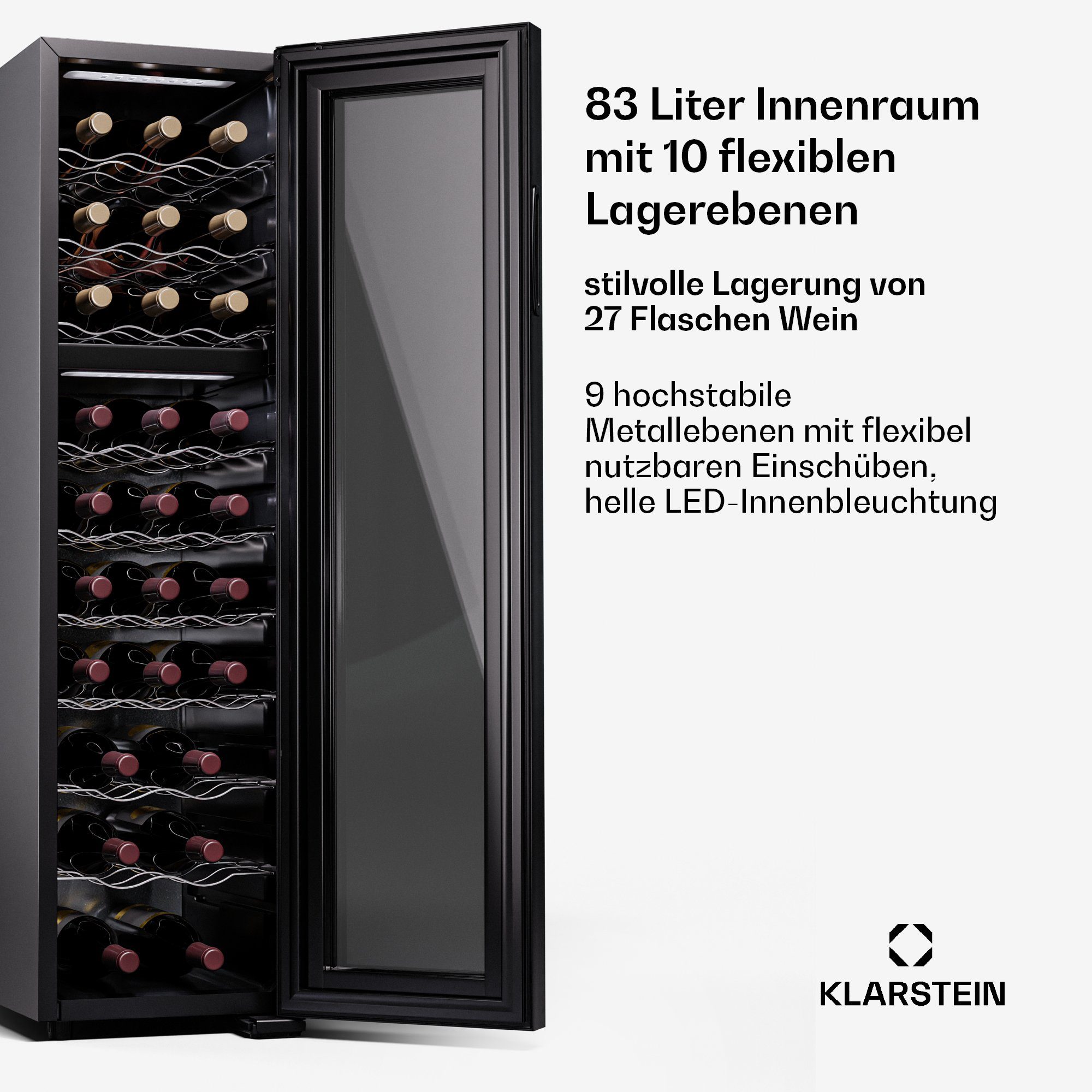Klarstein Weinkühlschrank Shiraz, für 27 Standardflaschen á 0,75l,Wein Flaschenkühlschrank Weintemperierschrank Weinschrank Kühlschrank