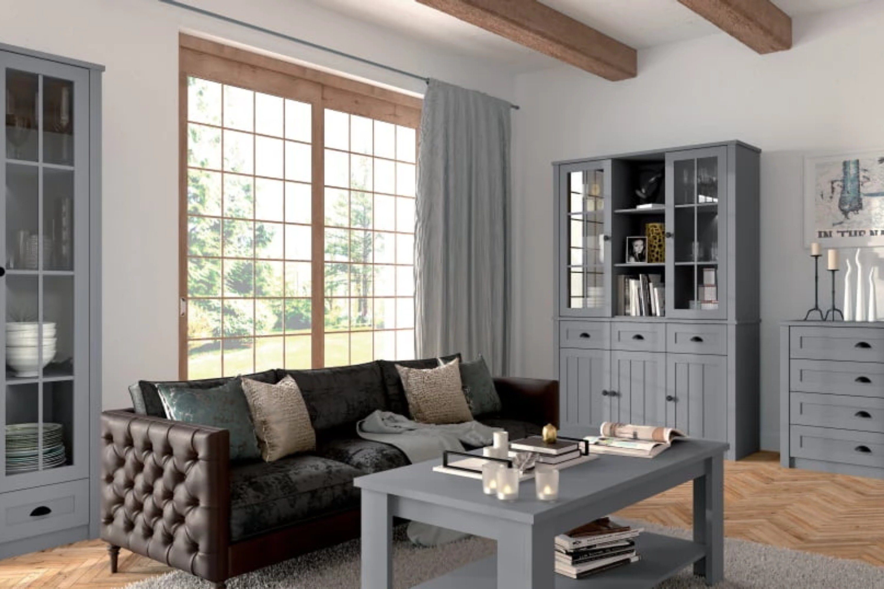 KONSIMO® Glasvitrine LEMAS Vitrine, Standvitrine, hergestellt in der EU mit Schubladen, Glastüren, Provenzalische Stil
