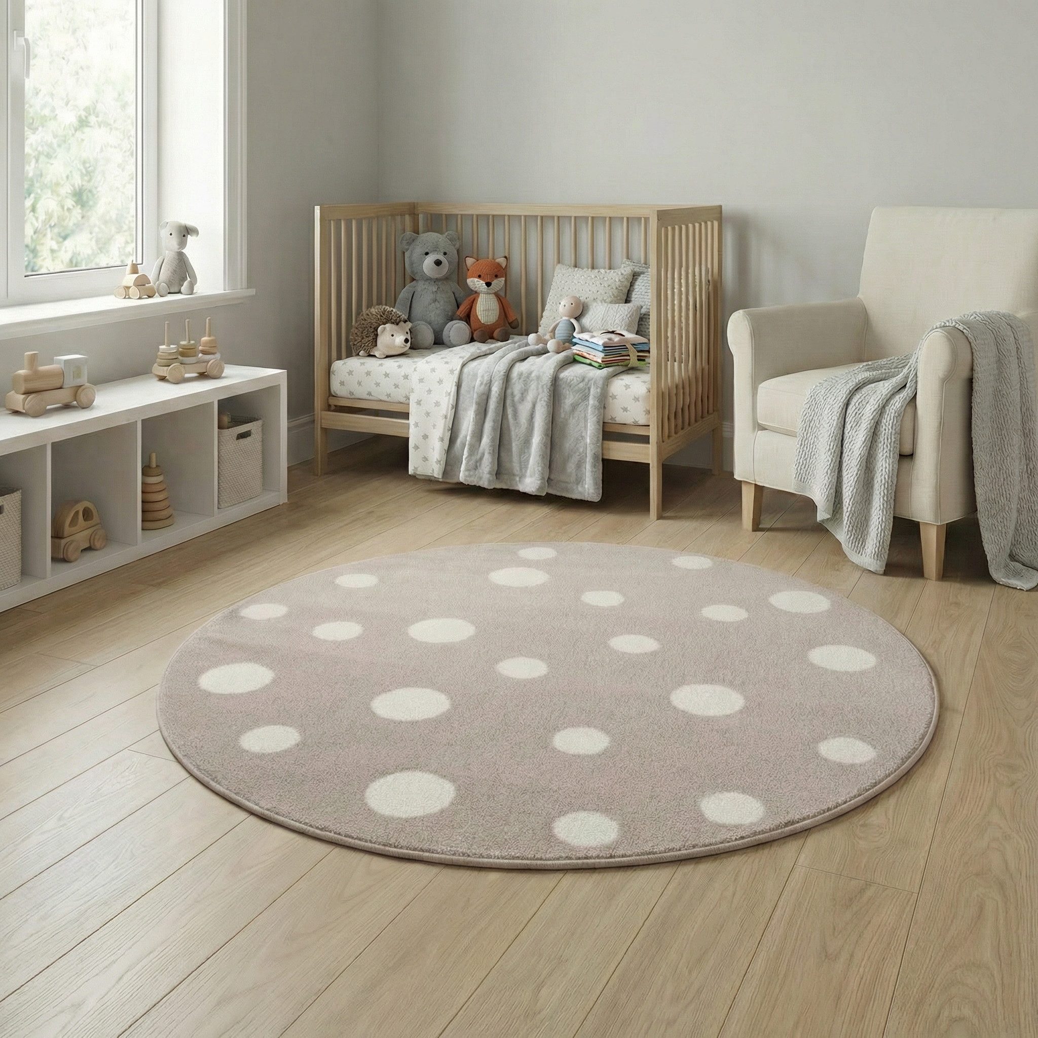 Jimri Kinderteppich DOT´S Teppiche für Kinderzimmer, Kinderzimmerteppich, Teppich, Rund, Regenbogen