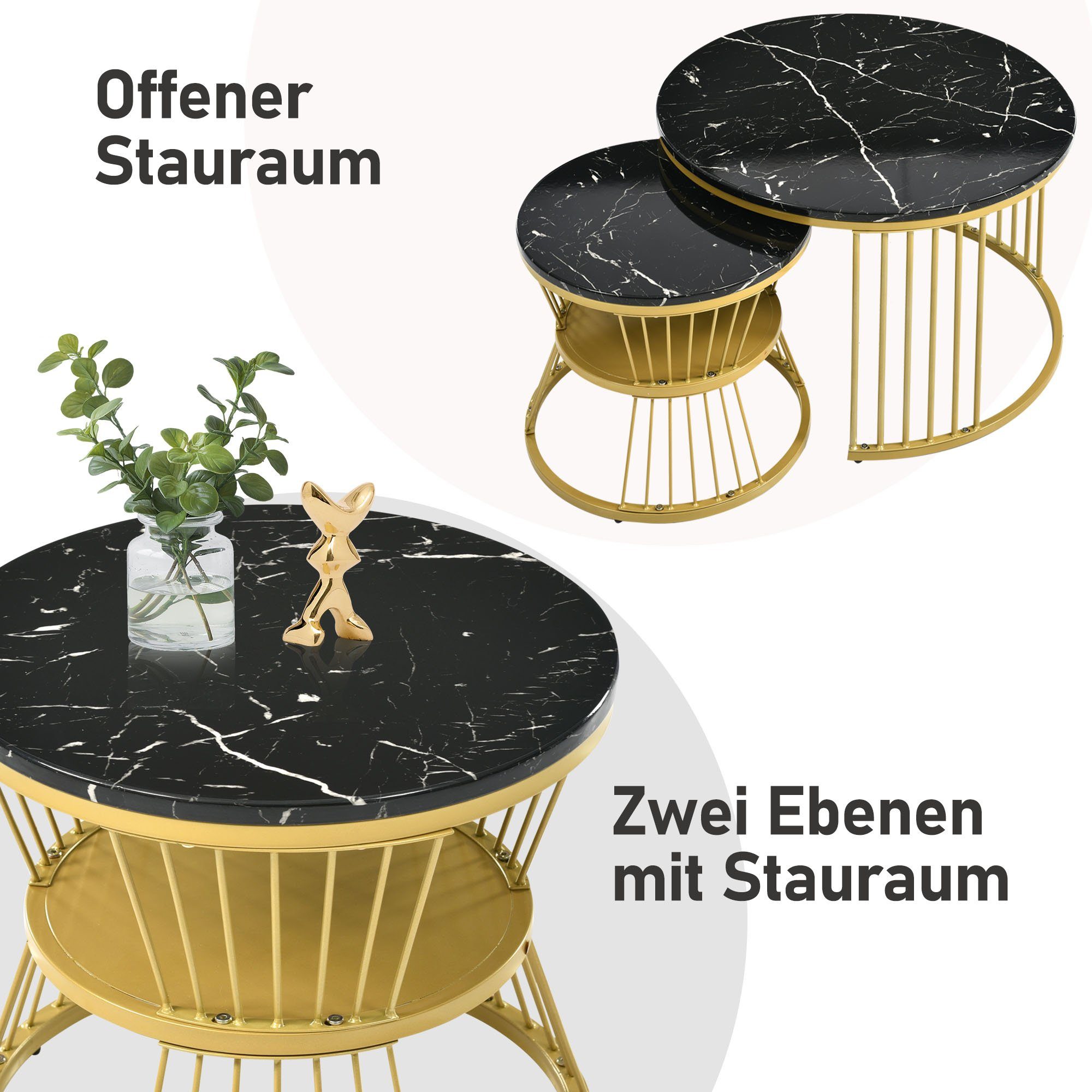 (2-St), Holz Schwarz Beistelltisch Merax Schwarz Satztisch Tischplatte Couchtisch Marmoroptik hochglanz | mit Metallrahmen, in