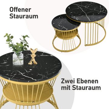 Merax Couchtisch hochglanz Tischplatte in Marmoroptik (2-St), Beistelltisch mit Metallrahmen, Satztisch Holz
