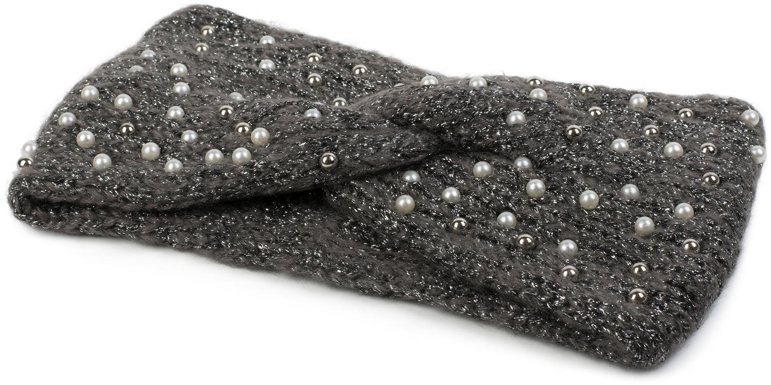 Metallic Perlen und Detail Stirnband Strick styleBREAKER Grau-Schwarz Stirnband (1-St) Knoten Faden