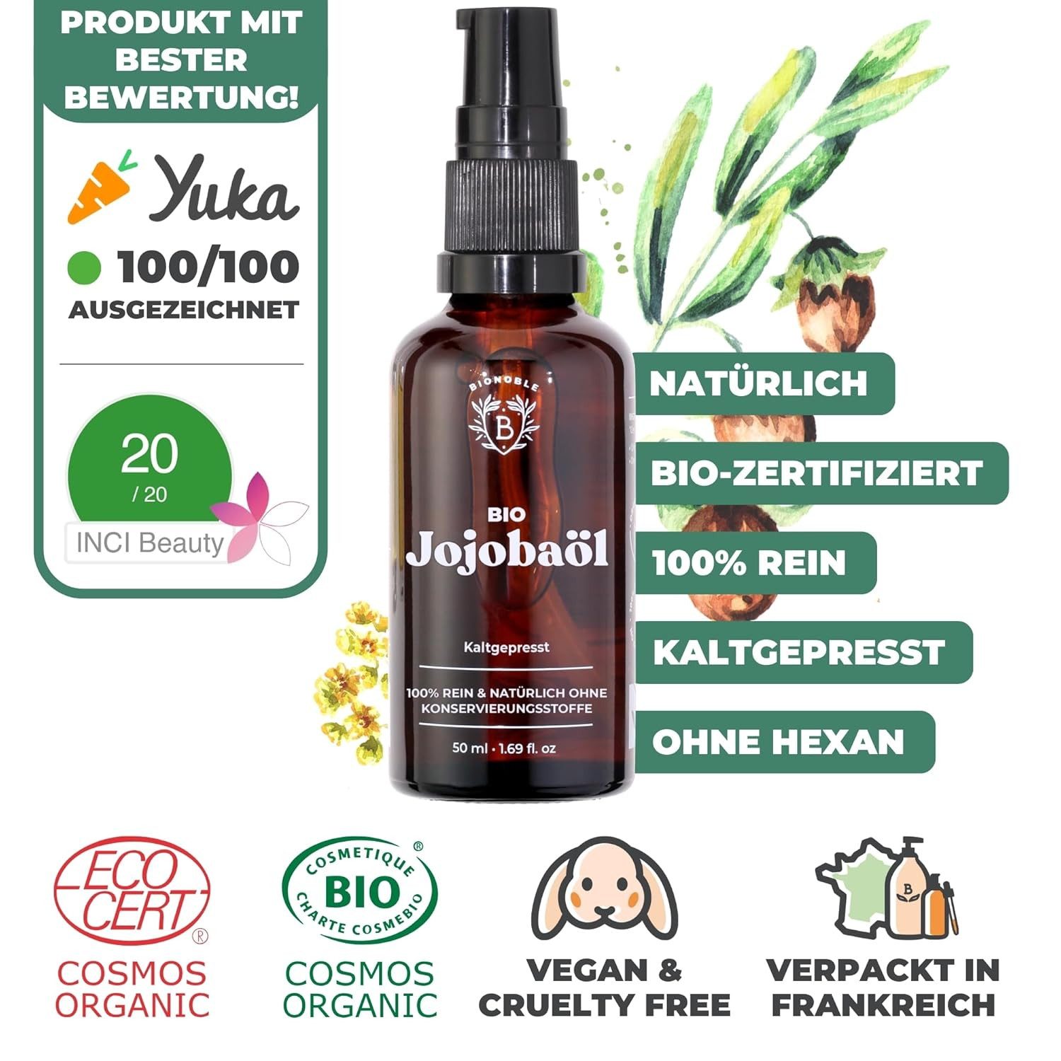 BIONOBLE Körperöl Jojobaöl Bio Kaltgepresst 100% Rein Vegan & tierversuchsfrei, Reguliert Sebum, Pflegt Sanft, Anti-Pickel - Jojobaöl Haare