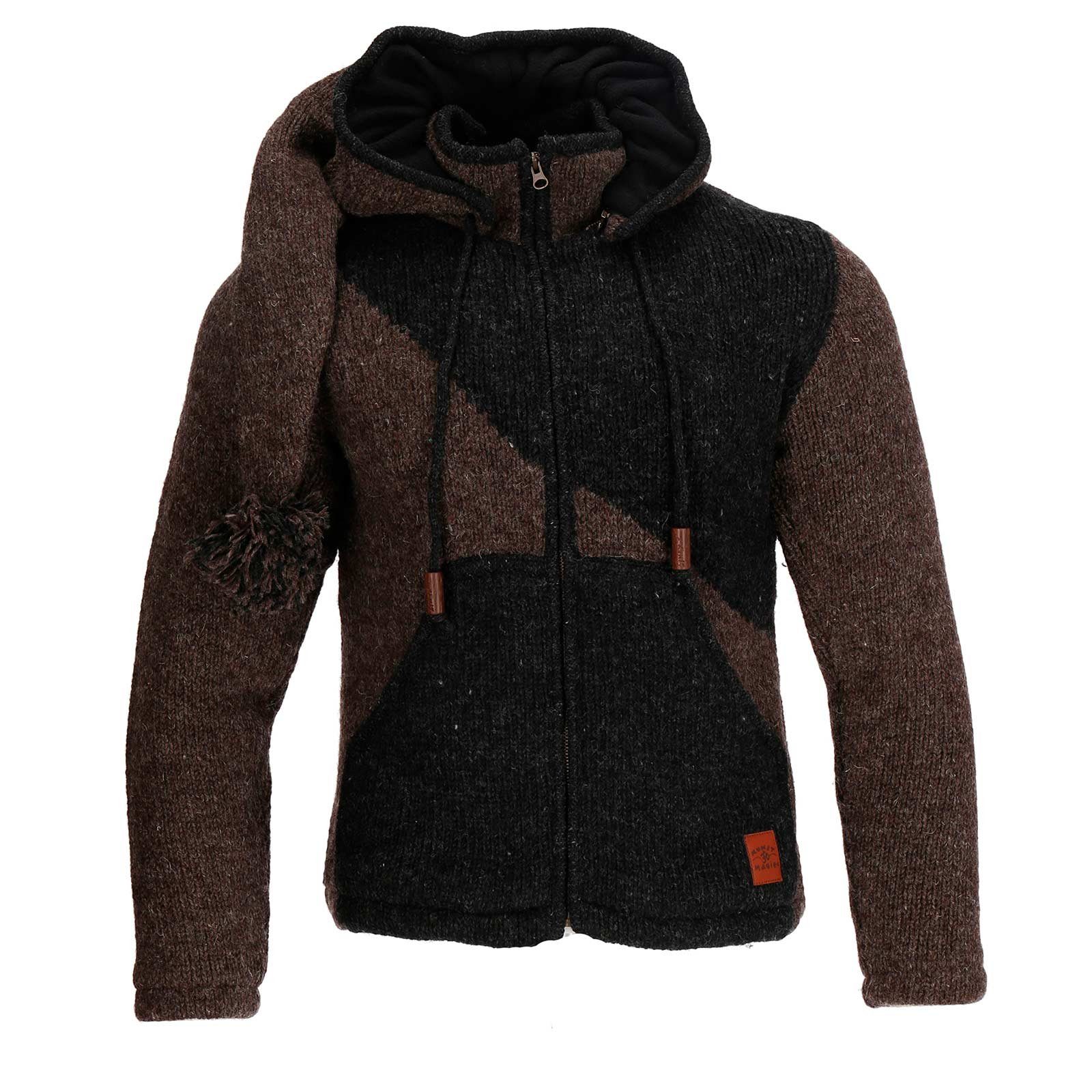 KUNST UND MAGIE Strickjacke Strickjacke Goa Wolle Jacke Fleecefutter Zipfelkapuze Unisex Fair