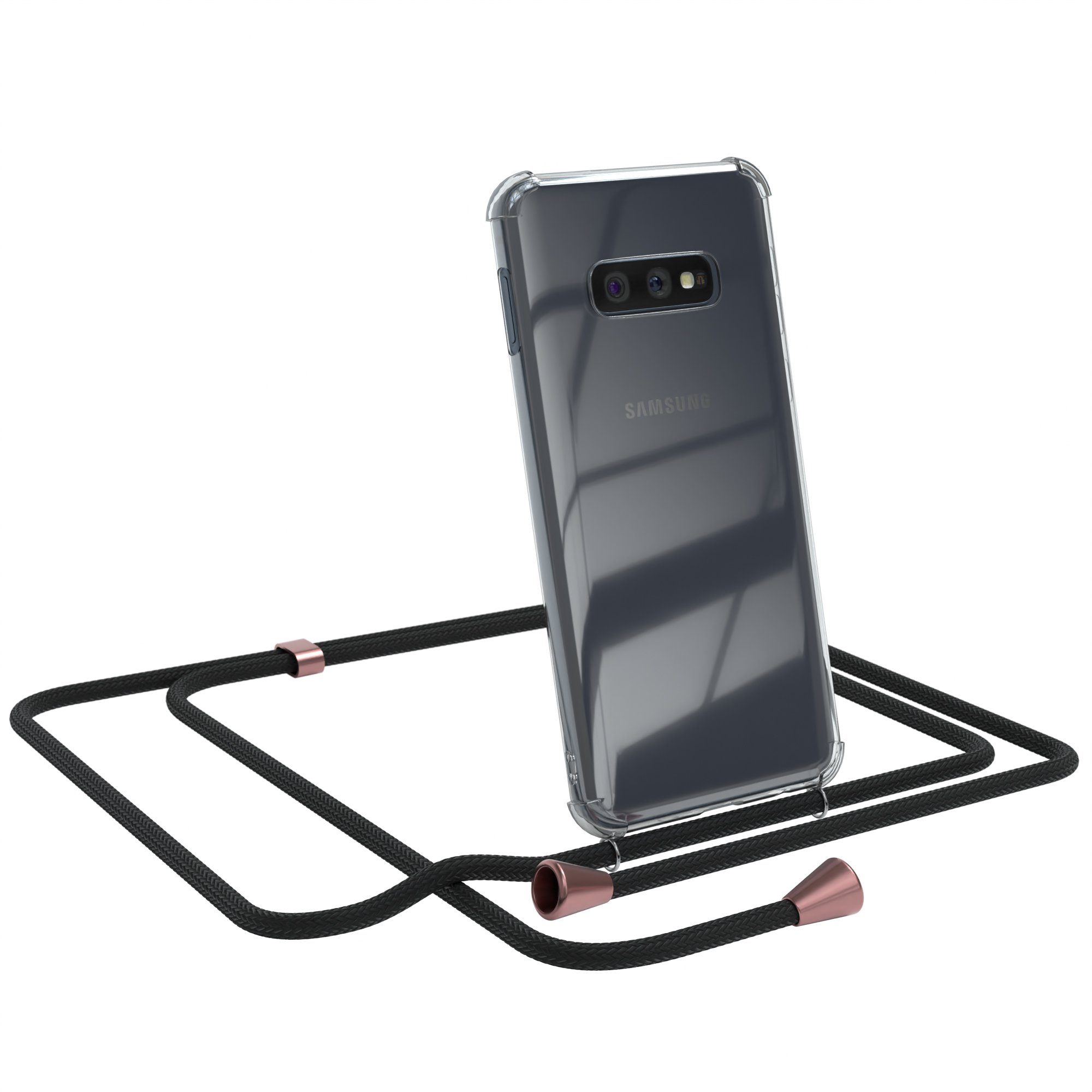 EAZY CASE Handykette Hülle mit Kette für Samsung Galaxy S10e 5,8 Zoll, Handykordel Smartphonekette für Unterwegs Festivalbag Schwarz Rosé