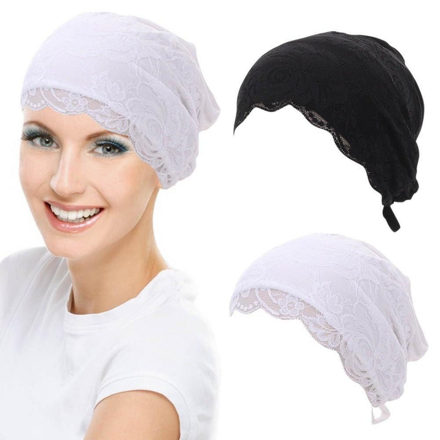 LuxusKollektion Hijab Hijab Unterkappe Baumwolle Spitze 2er Set Schwarz Weiss (2-St)