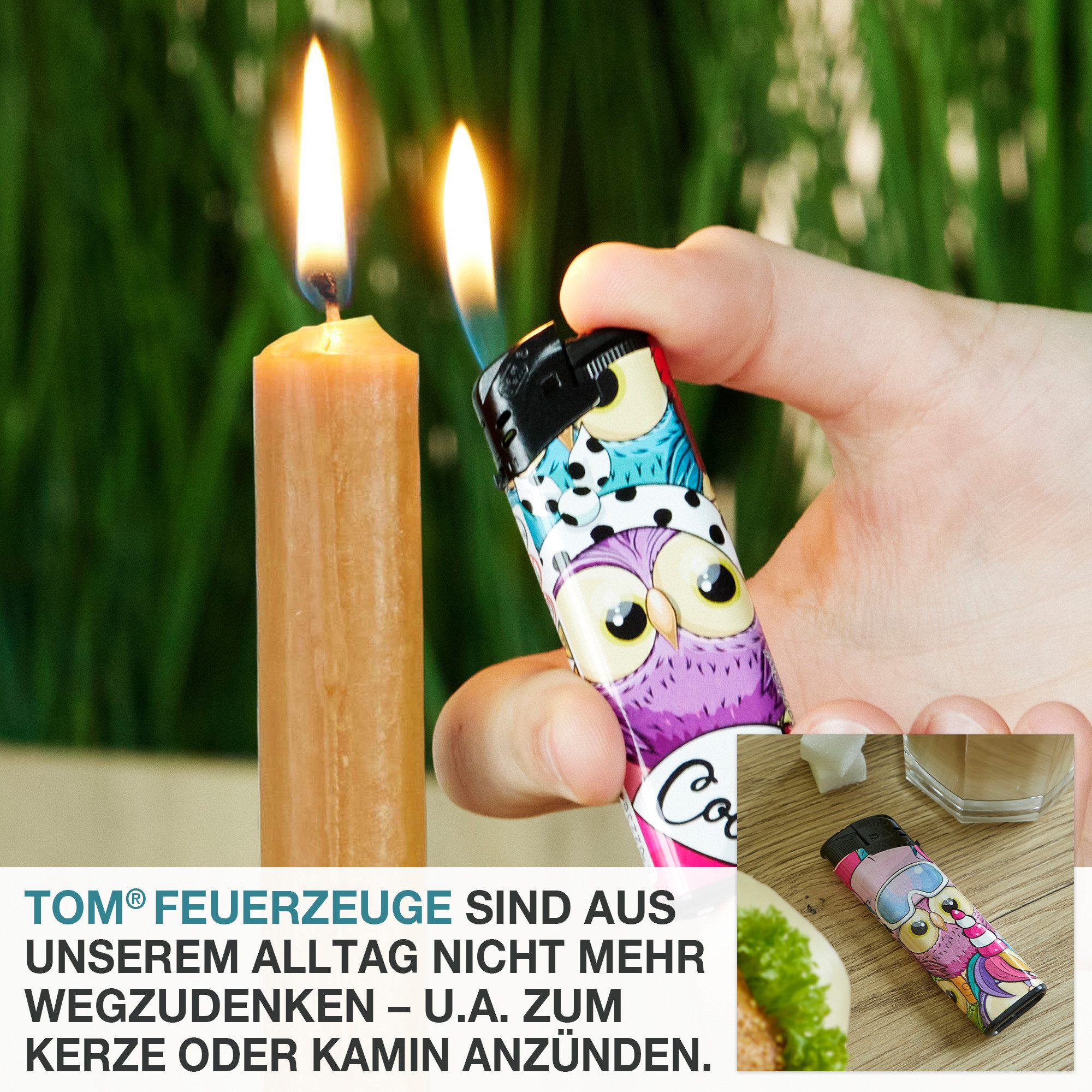 TOM Feuerzeuge 50er Display mit 5 Farben im Eulen-Design, nachfüllbar (50-St), Soft-Flamme, Elektronischer Zünder – Bild 5 von 5