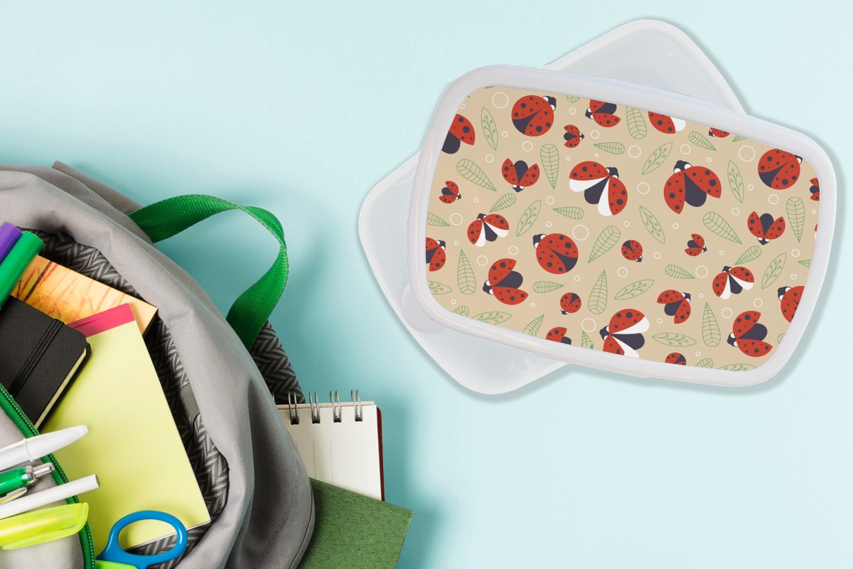 Design, Brotdose, MuchoWow Jungs Erwachsene, Blätter (2-tlg), und und Marienkäfer - für Kunststoff, weiß für Brotbox Mädchen Lunchbox - Kinder