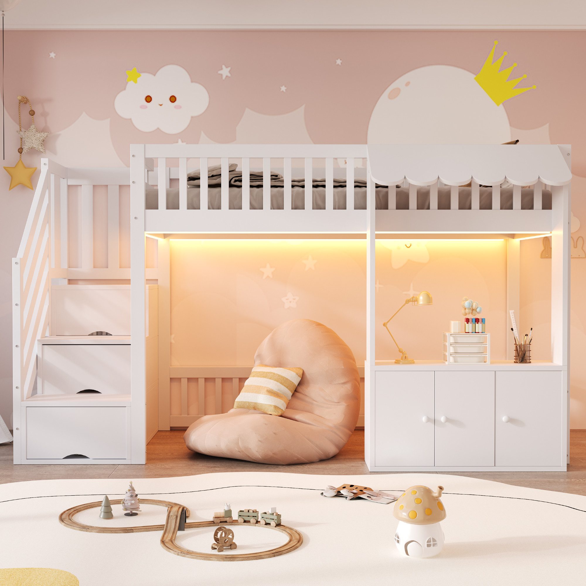 Flieks Hochbett Kinderbett Laden-Design 90×200cm mit Schrank und Stauraumtreppe – Bild 3 von 5