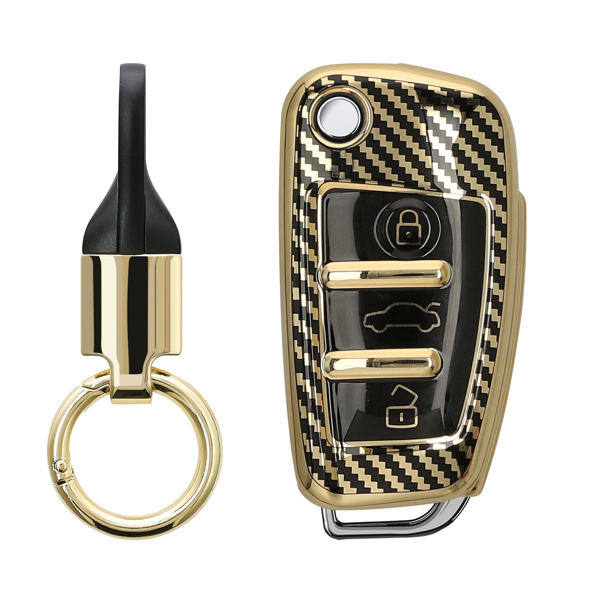 kwmobile Schlüsseltasche Hülle für Audi 3-Tasten Klappschlüssel (1-tlg), Schlüsselhülle mit Key Ring Anhänger - Cover Gold Schwarz von kwmobile