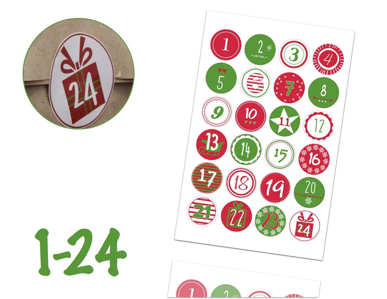 Weihnachtswunder® Sticker 72x Adventskalender Aufkleber Sticker Zahlen 1-24 - mehrfarbig ED.3, (Set), ø 5 cm