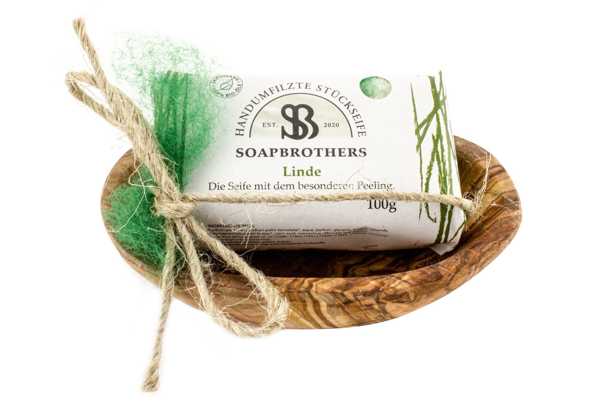 Soapbrothers Seifen-Set Geschenk-Box Naturkosmetik und Olivenholzseifenschale - Linde 100g - Handarbeit, 2-tlg., Naturkosmetik