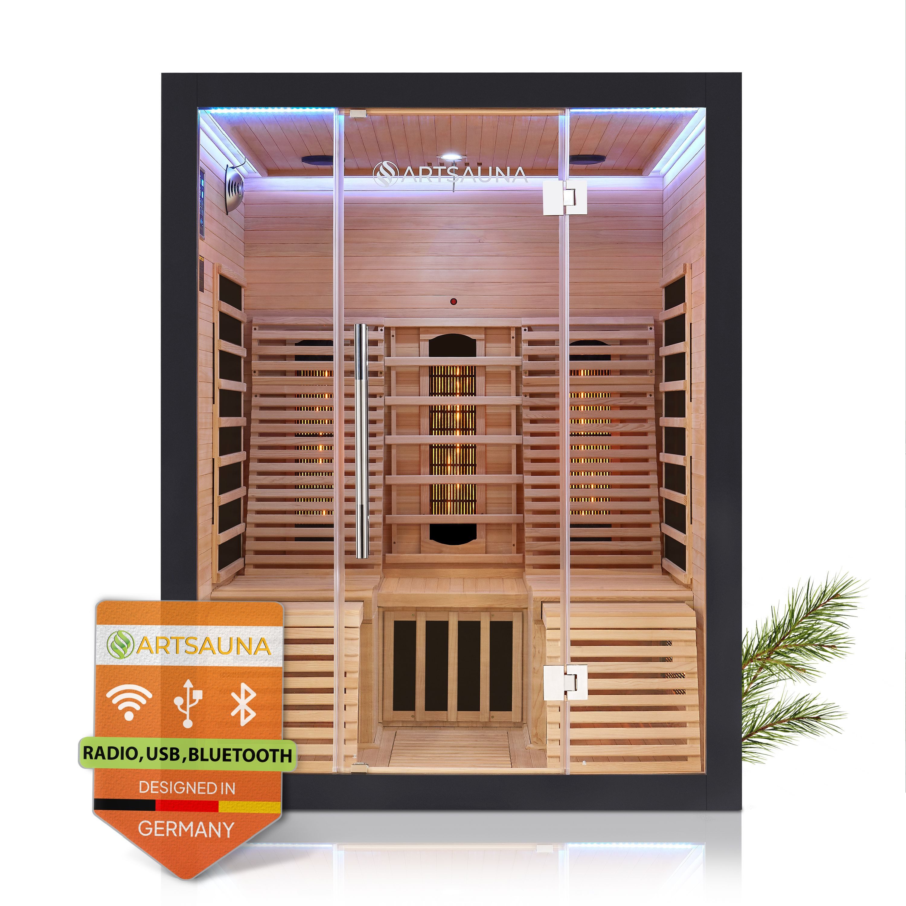 Artsauna Infrarotkabine Helsinki150 Dual Technology, BxTxH: 150 x 150 x 190 cm, für 3 Personen, Hemlockholz, HiFi-System, Ionisator, LED-Farblicht