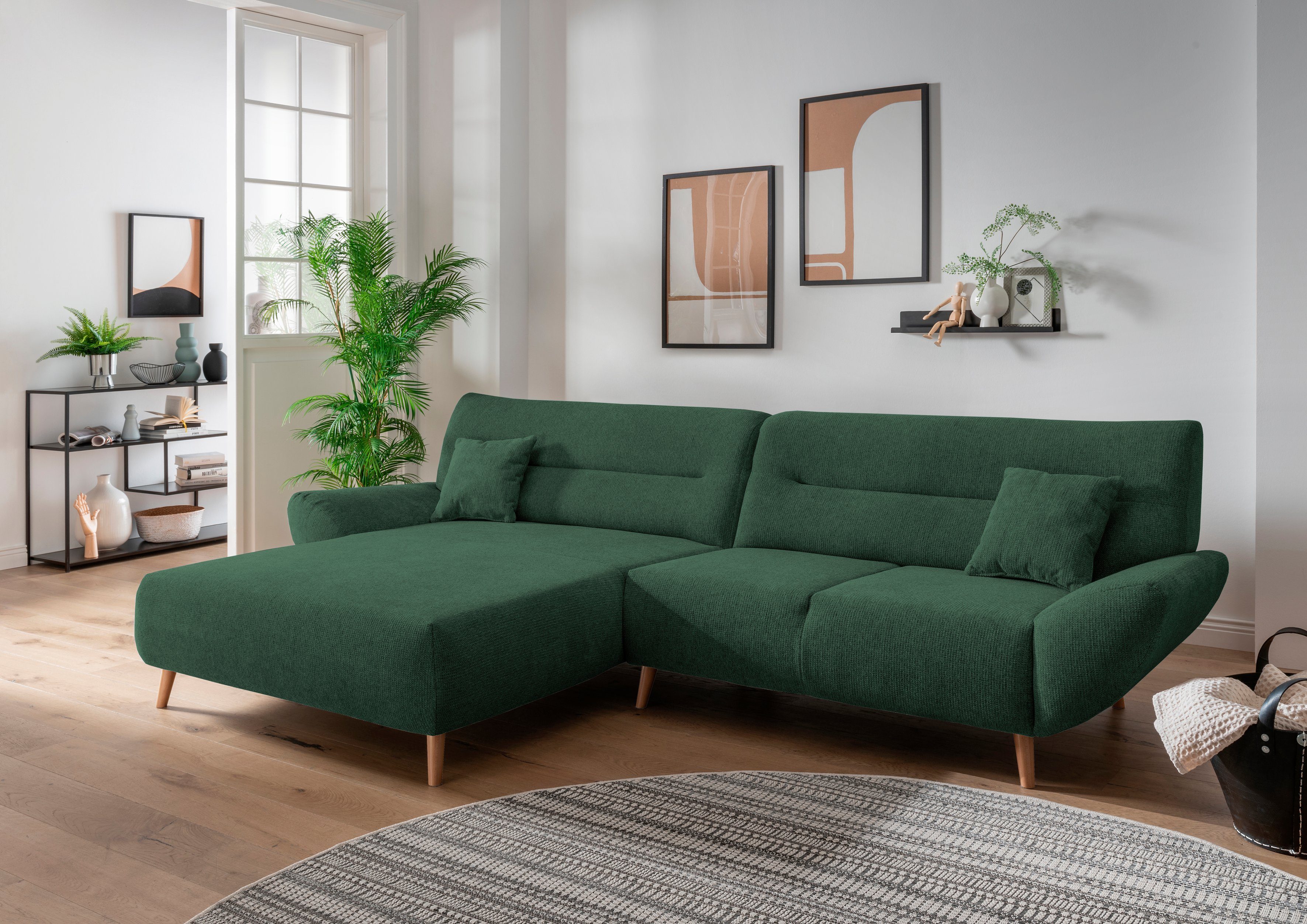 INOSIGN Ecksofa Drago, elegant und zeitlos, komfortabel, Holzfuß, L-Form, frei im Raum stellbar, inkl. 2 Zierkissen