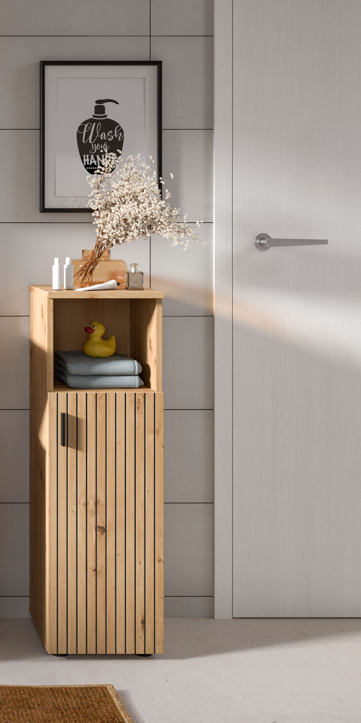 welltime Stauraumschrank MANI, Höhe: 95 cm, Paneeloptik, 1 offenes Fach, 1 Tür (1-St) Badezimmerschrank, Badschrank, Bad, Badezimmer