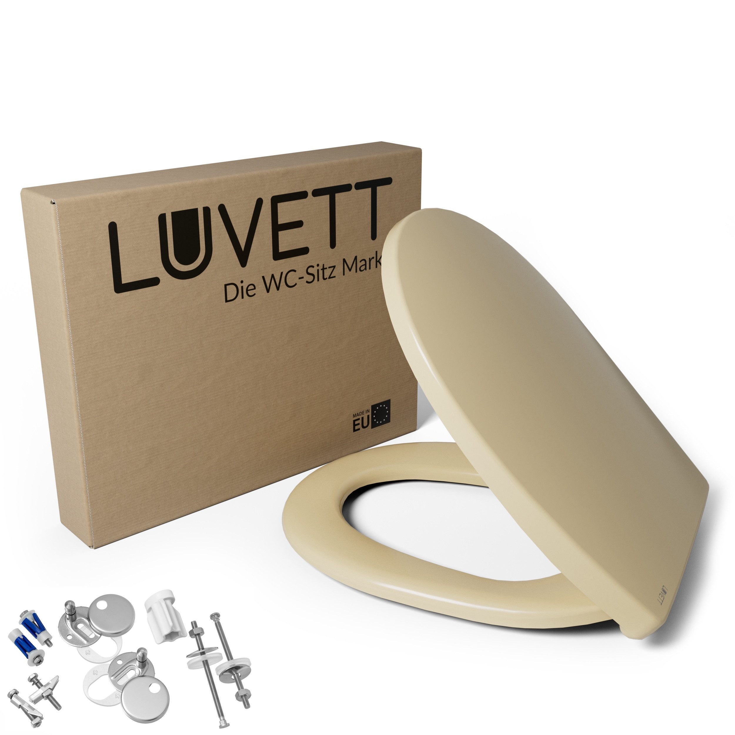 LUVETT WC-Sitz C100 mit Absenkautomatik, Duroplast sanitär, Universelle O-Form (Komplett-Set, Inklusive 3 Befestigungsarten), mit Original SoftClose® Absenkautomatik, Duroplast