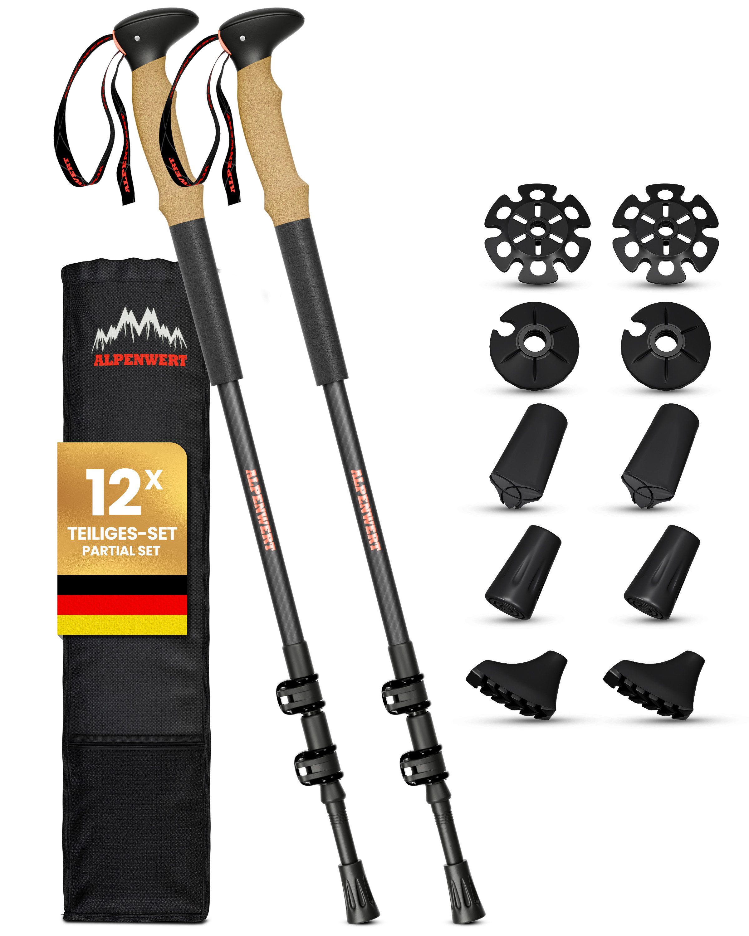 Alpenwert Треккинговые палки Teleskop Trekkingstöcke Nordic Walking Палочки - Korkgriff zum Wandern (Premium Палочки, Komplett Set 12 Teile), Треккинговые палки, ultraleicht, mit ergonomischen Korkgriffen