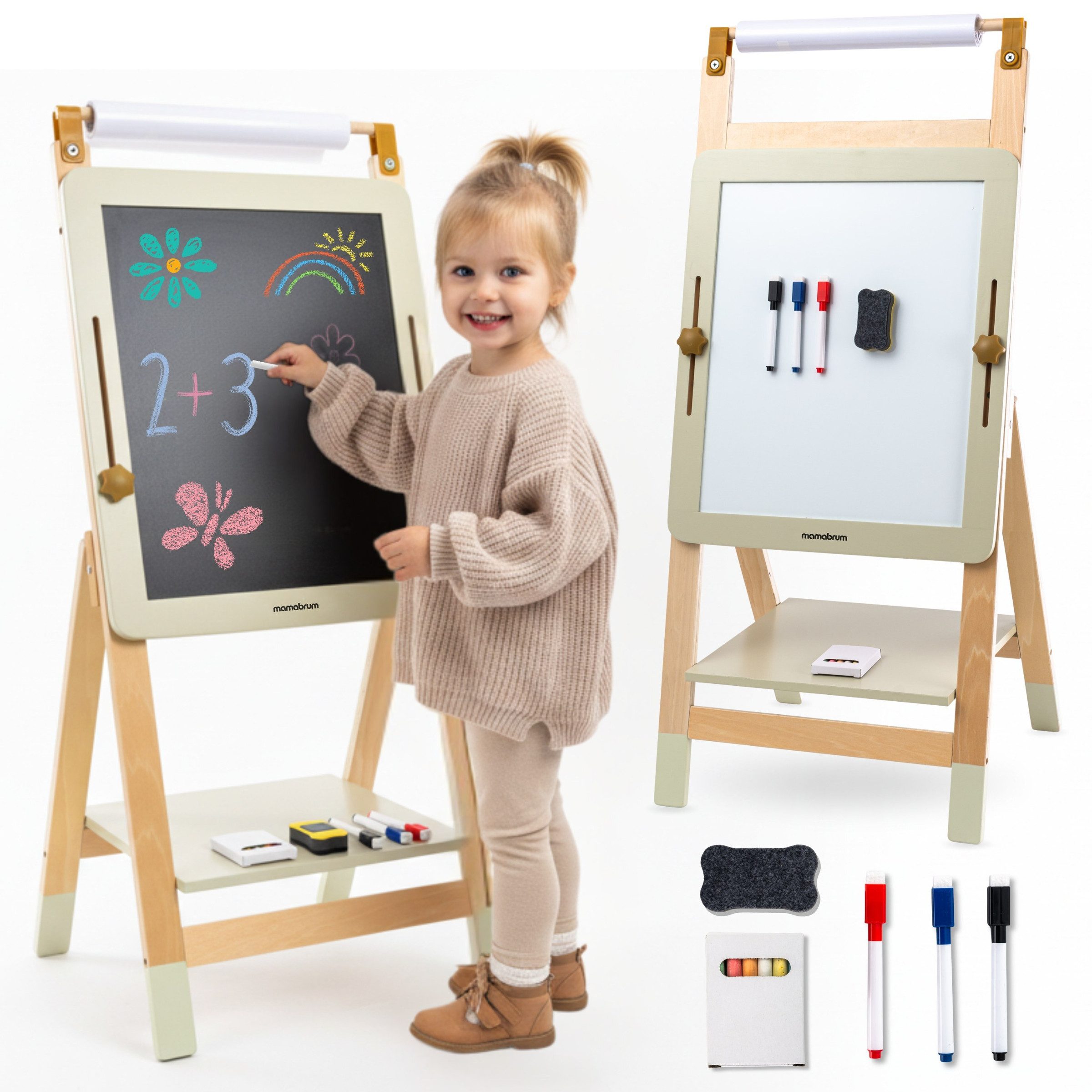Mamabrum Kinderstaffelei Mamabrum Kinderstaffelei 3in1 Tafel magnetisch Kreide höhenverstellbar