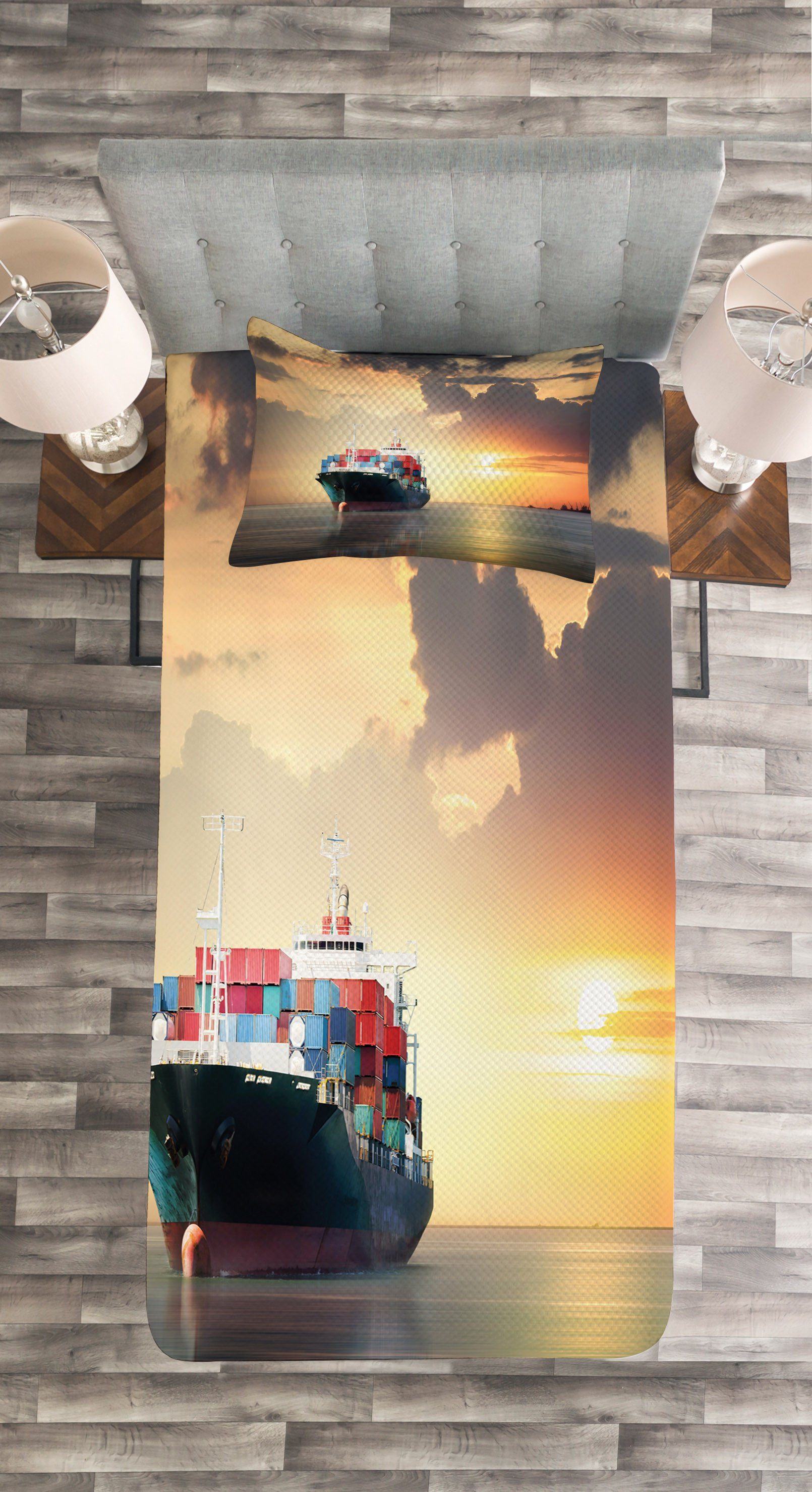 Foto mit Kissenbezügen Sonnenuntergang Abakuhaus, Waschbar, Tagesdecke maritim Set Frachtschiff bei
