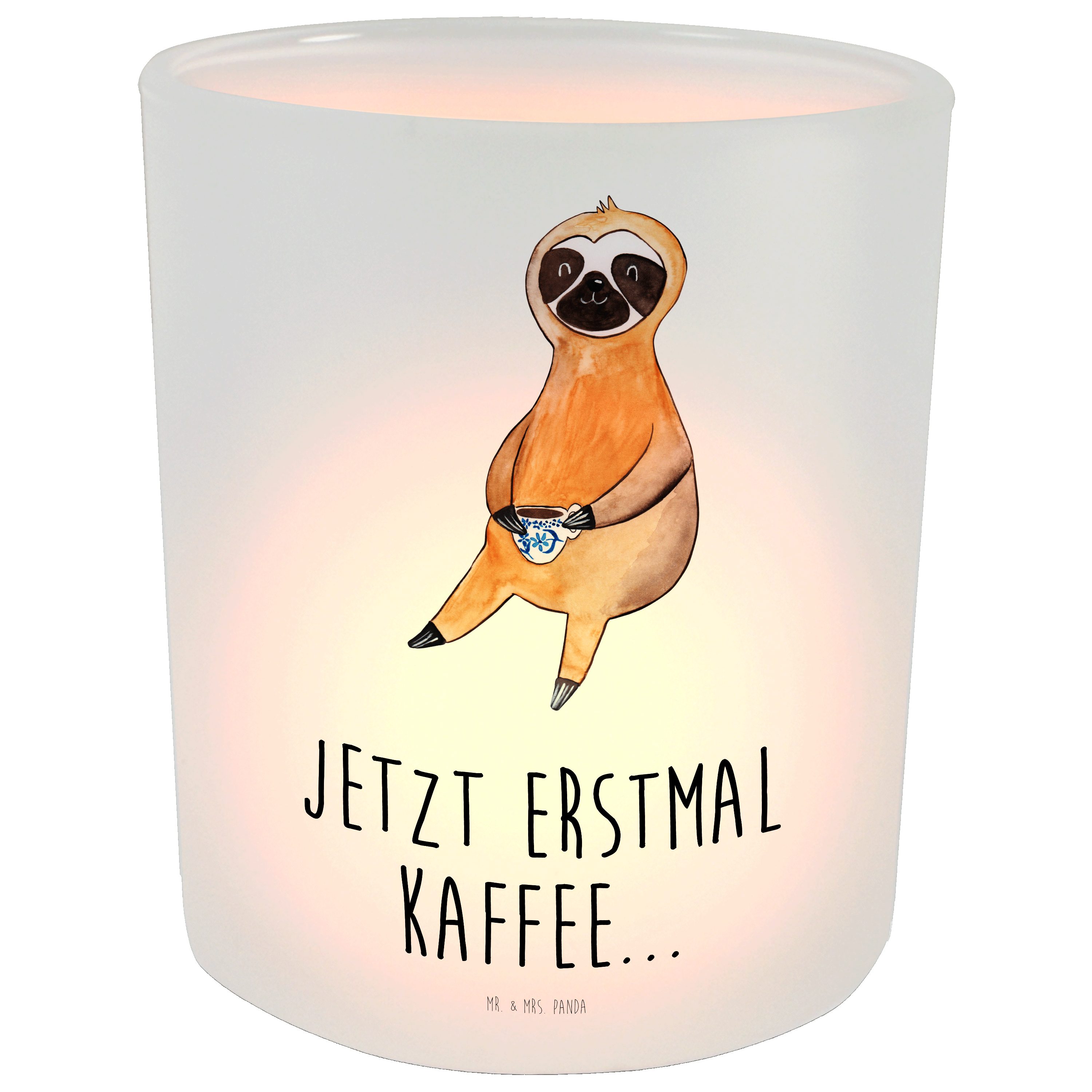 (1 Teelichter, Mr. Geschenk, Genießer, Panda Faultier & St) - Windlicht Transparent Mrs. Kaffee Kaffe -