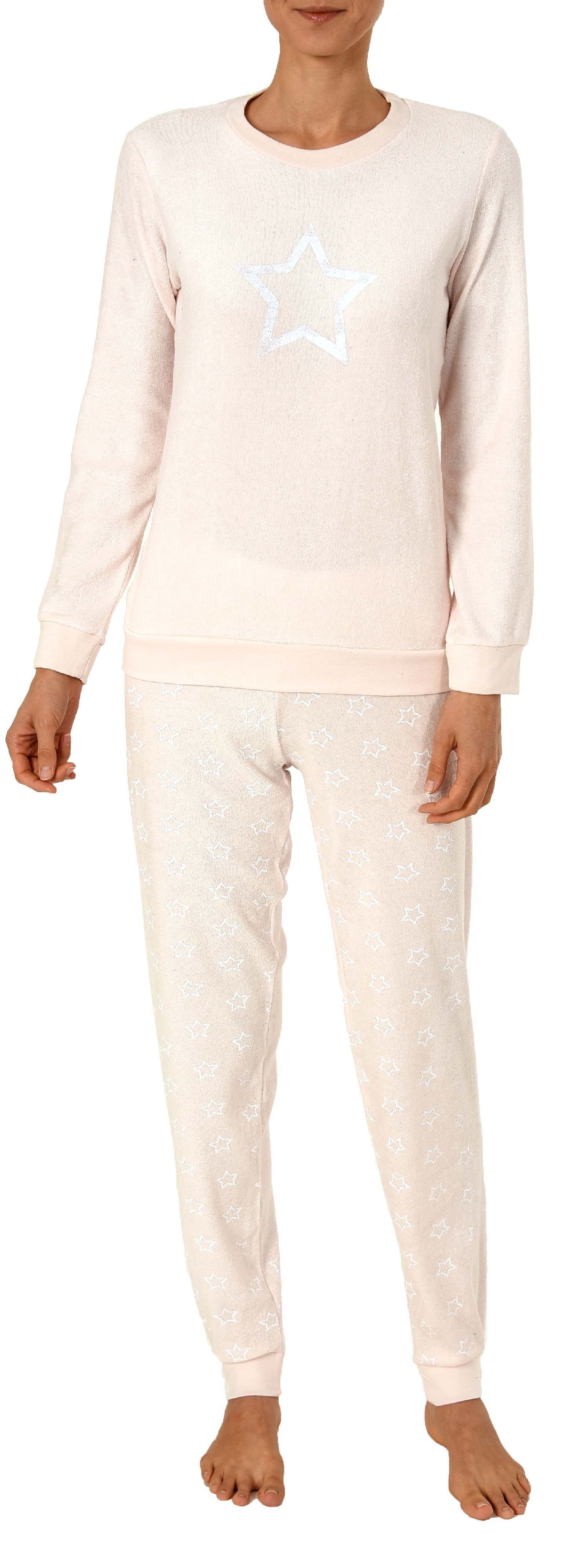 RELAX by Normann Pyjama Damen Frottee Pyjama langarm Schlafanzug mit  Bündchen + Sterne Optik