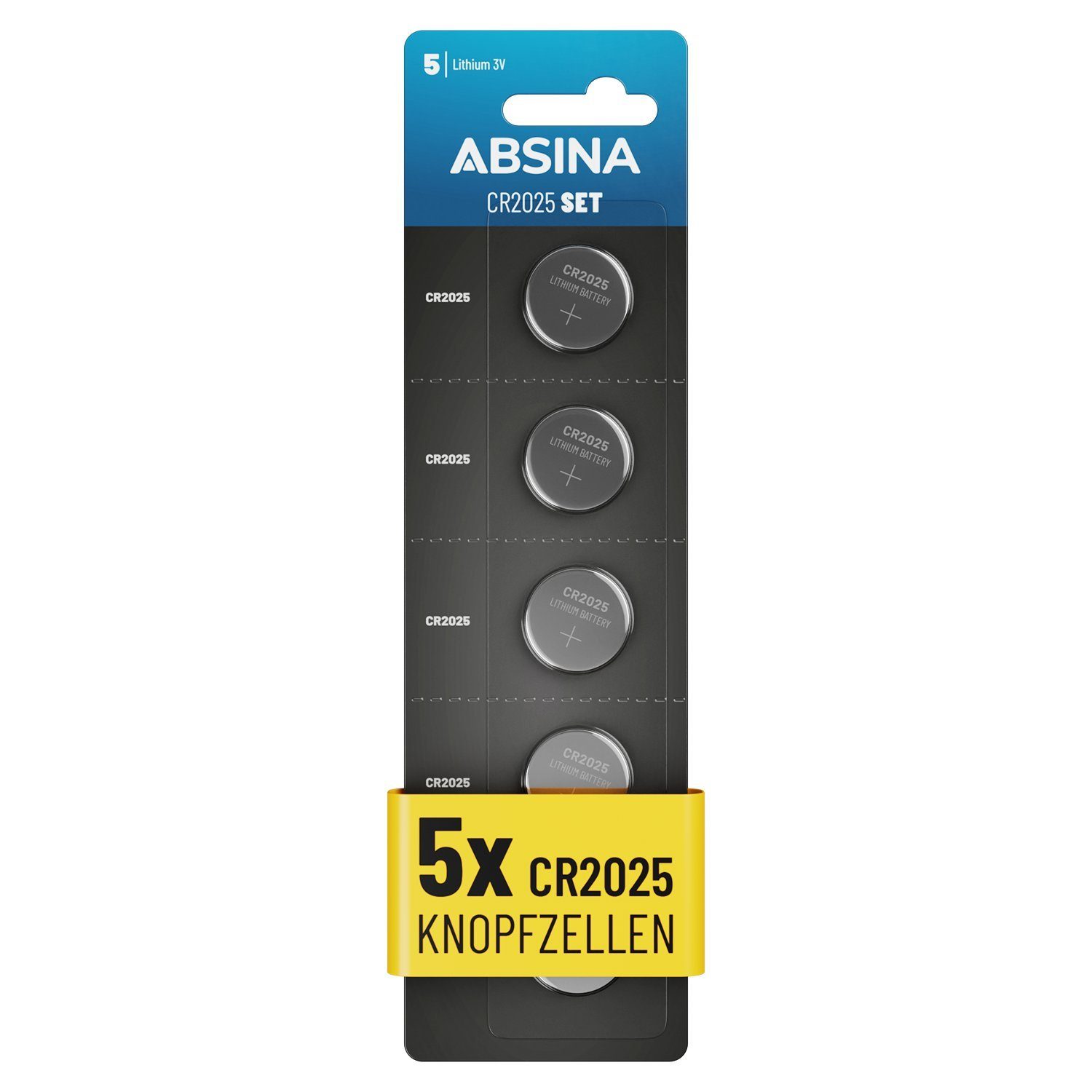 ABSINA Knopfzellen CR2025 5er Pack - CR 2025 Knopfzelle, CR2025 Batterien  Knopfzelle, (1 St)