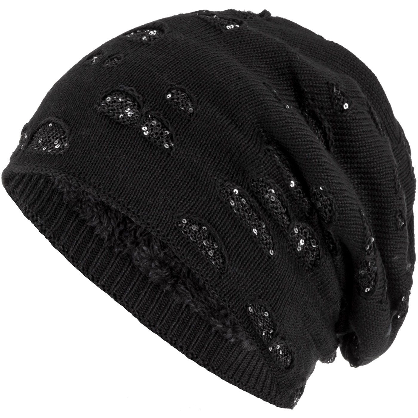 compagno Strickmütze (1-St) Gefütterte Damen Mütze Wintermütze Pailletten Damenmütze Beanie Haube schwarz