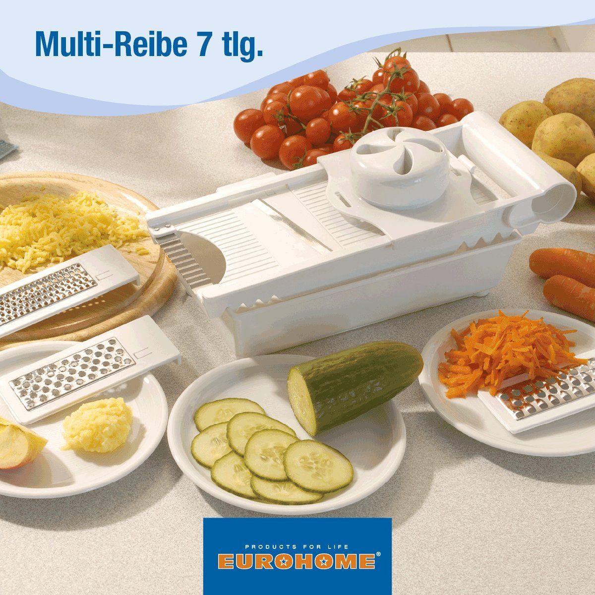 EUROHOME Multireibe Multifunktionaler Gemüsehobel - Reibe mit Auffangbehälter, Edelstahl, (1-St., 7- teiliges Küchenreibe Set 22 cm), Salatschneider Karottenreibe Küchenhobel