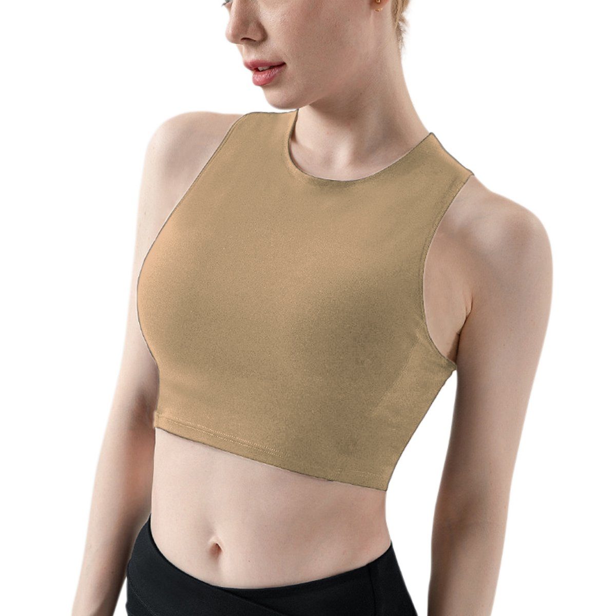 Ärmellose Crop Weste Kurzweste Khaki Tank Damen Cropped Neck Top Racerback DEBAIJIA Ribbed