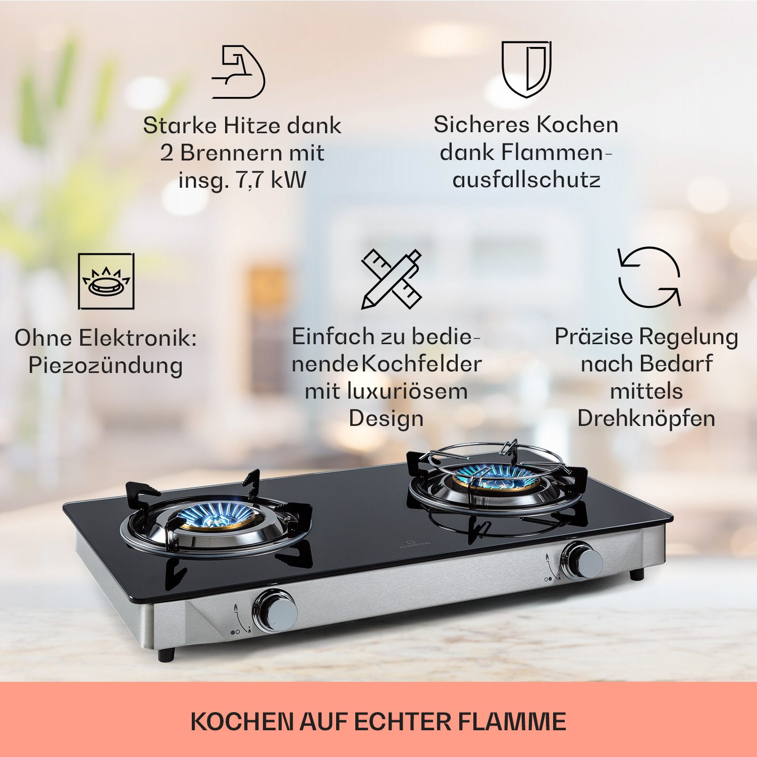 Klarstein Gas-Kochfeld Barzona 2 Campingkocher 2 Brenner 3,4+4,3 kW Glas Edelstahl Piezo 10040043, Gasherd Camping mit 2 Brennern 7,7 kW & Tragegriff mobil – Bild 4 von 5