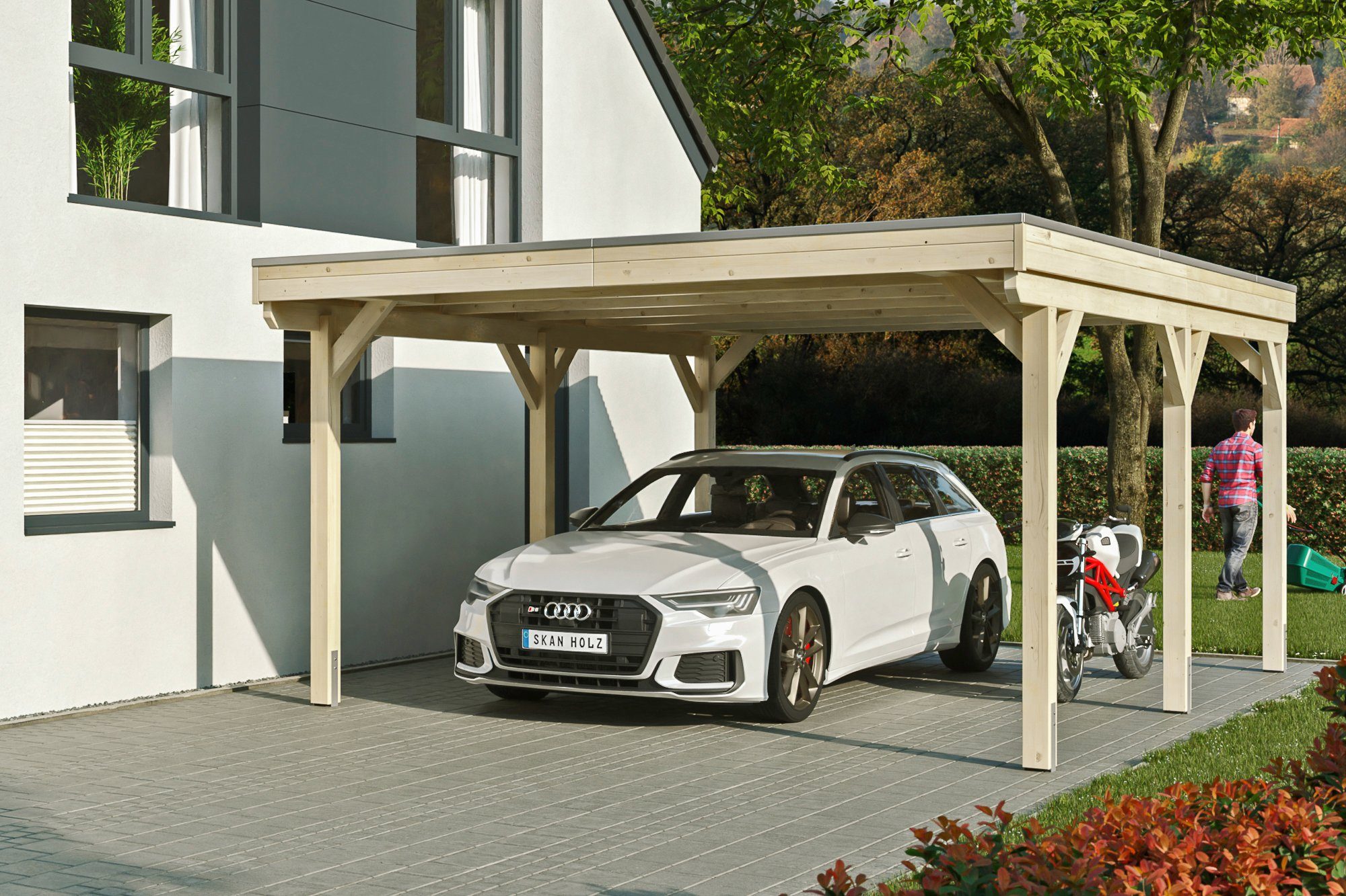 Skanholz Einzelcarport Grunewald, BxT: 427x554 cm, 395 cm Einfahrtshöhe,  mit EPDM-Dach, Massive Konstruktion aus hochwertigem Leimholz (BSH-Fichte)