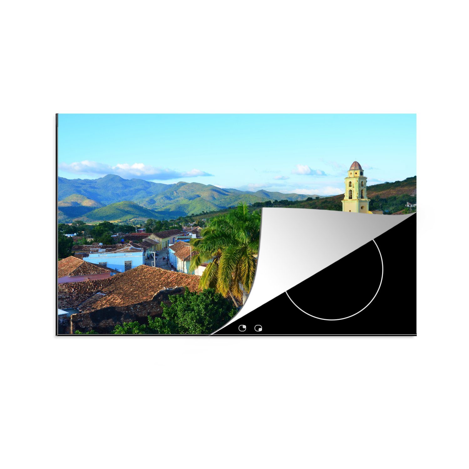 MuchoWow Herdblende-/Abdeckplatte Die Altstadt von Trinidad mit den Bergen im Hintergrund in Kuba, Vinyl, (1 tlg), 81x52 cm, Induktionskochfeld Schutz für die küche, Ceranfeldabdeckung