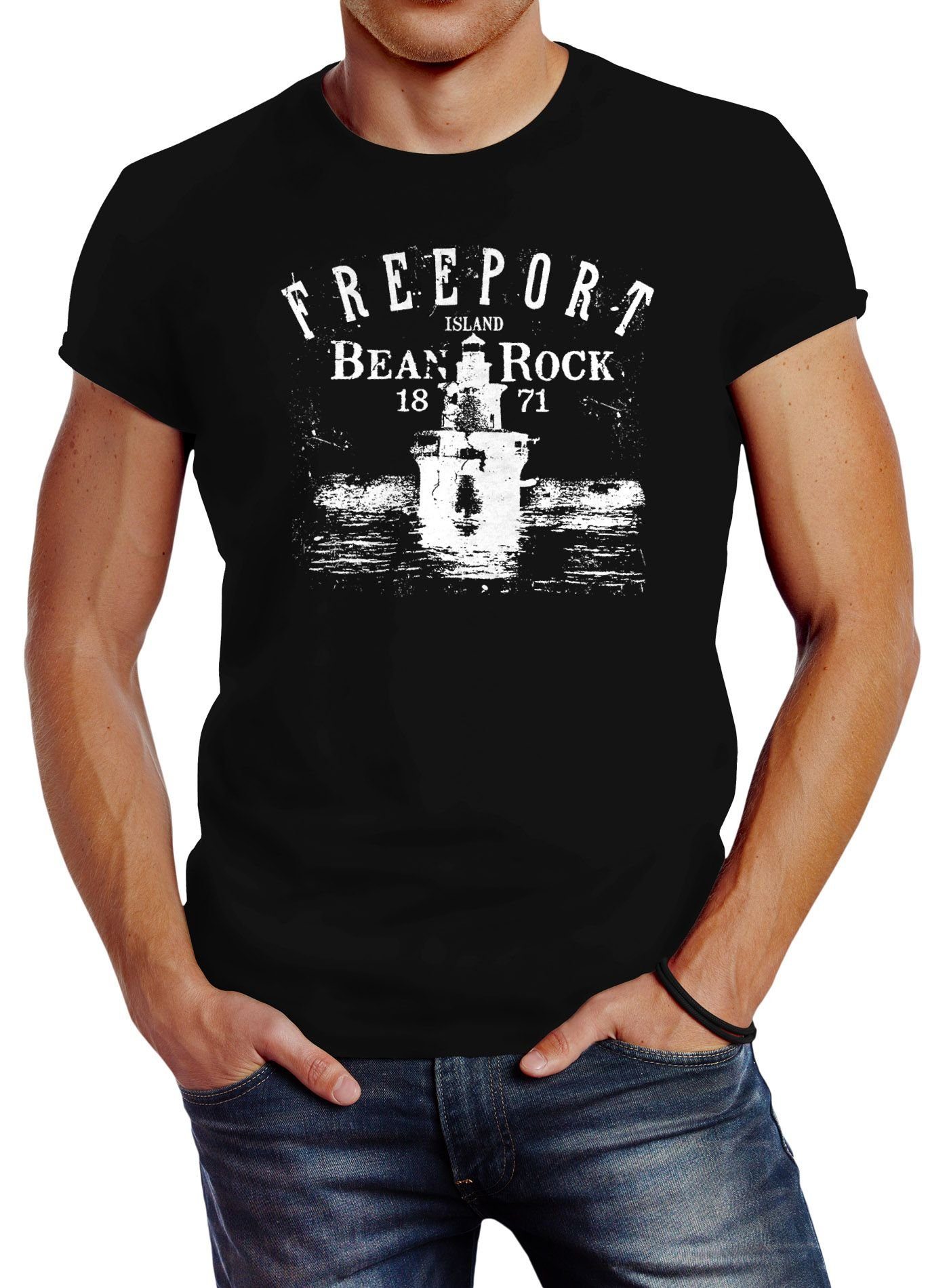 Neverless Print-Shirt Herren T-Shirt Retro Print Leuchturm Motiv Schriftzug Freeport Island mit Print