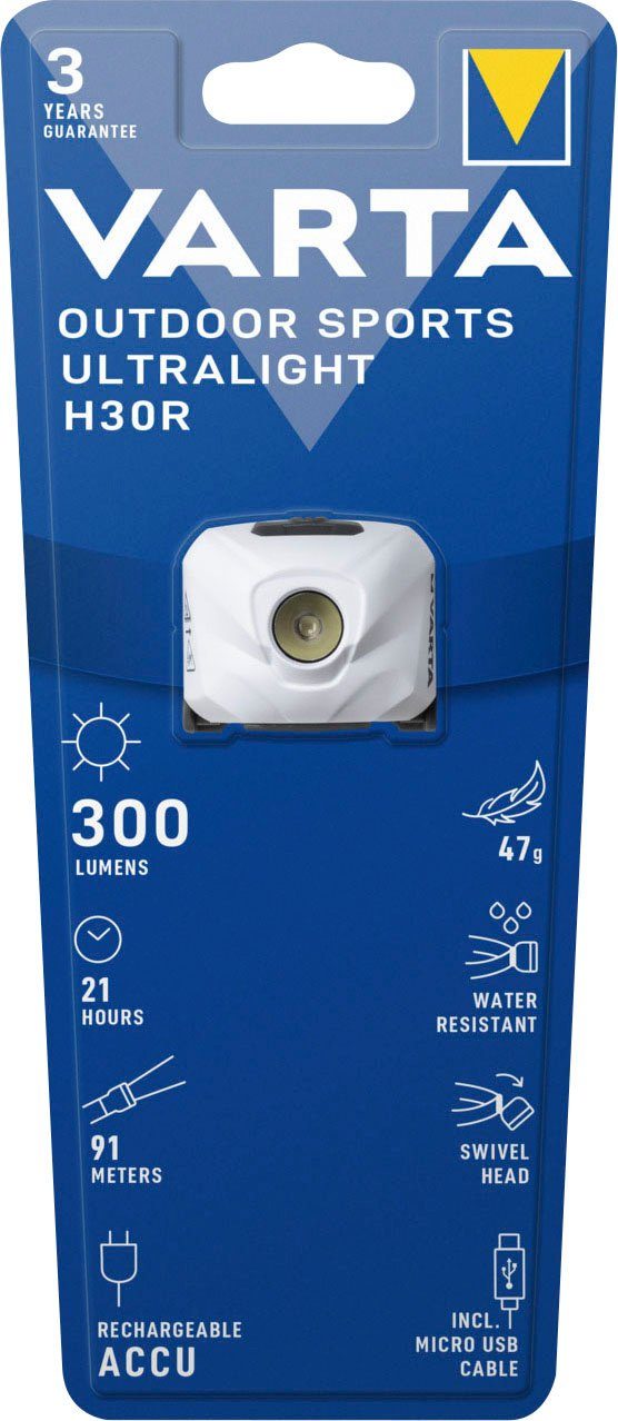 VARTA Taschenlampe Outdoor Sports Ultralight H30R (1-St), aufladbare Stirnleuchte mit Tastensperre und Speicherfunktion