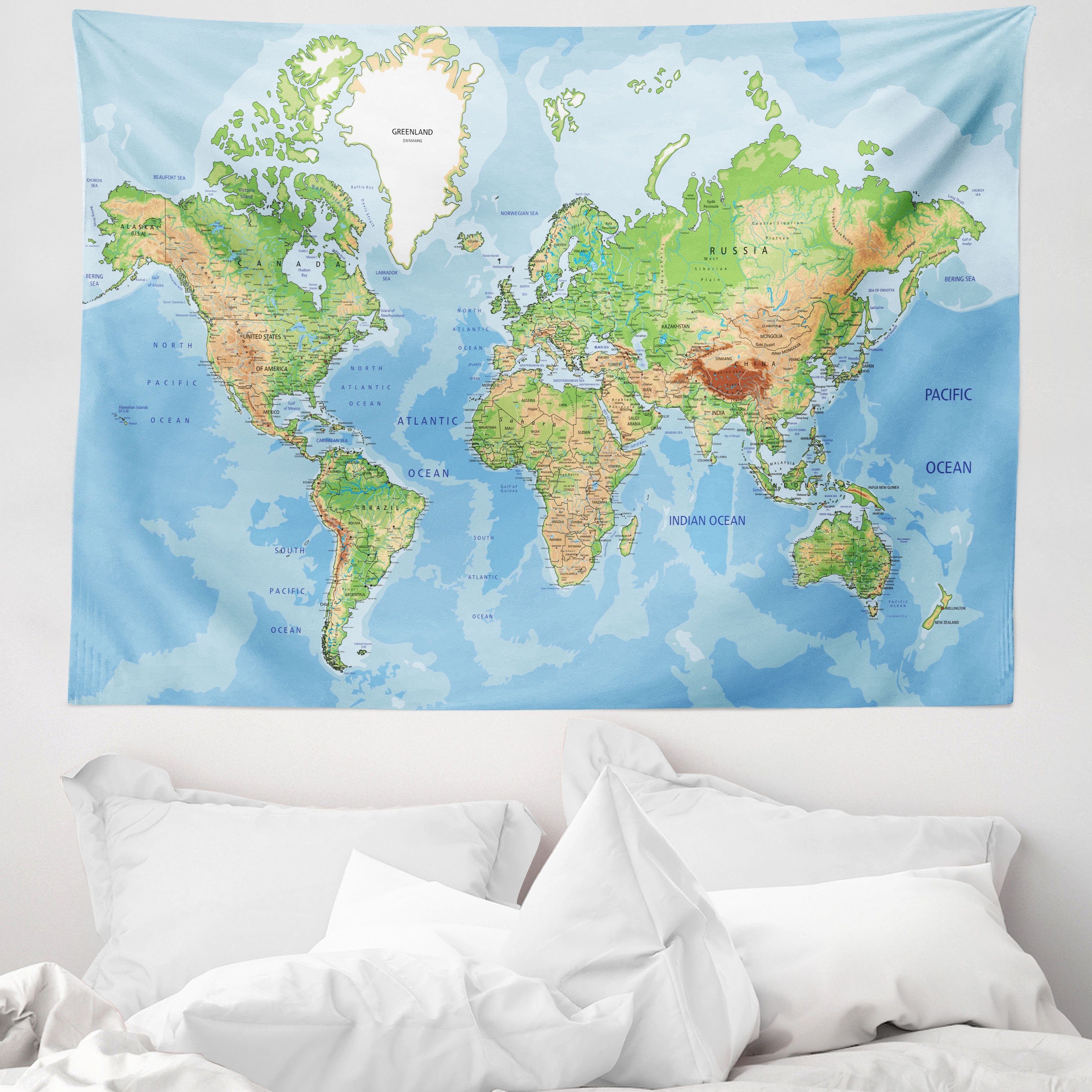 Wandteppich aus Weiches Mikrofaser Stoff Für das Wohn und Schlafzimmer, Abakuhaus, rechteckig, Weltkarte Topographische Bildung
