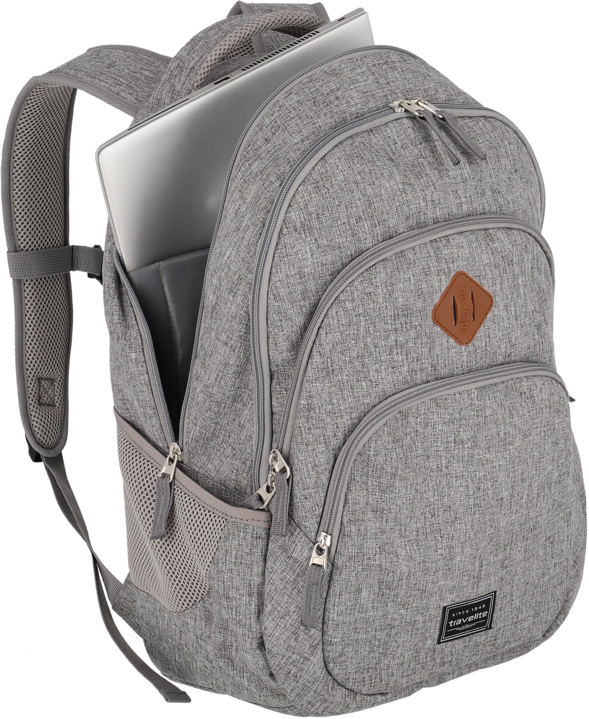 Basics mit Laptopfach hellgrau, Laptoprucksack Light travelite 15-Zoll Grey Melange,