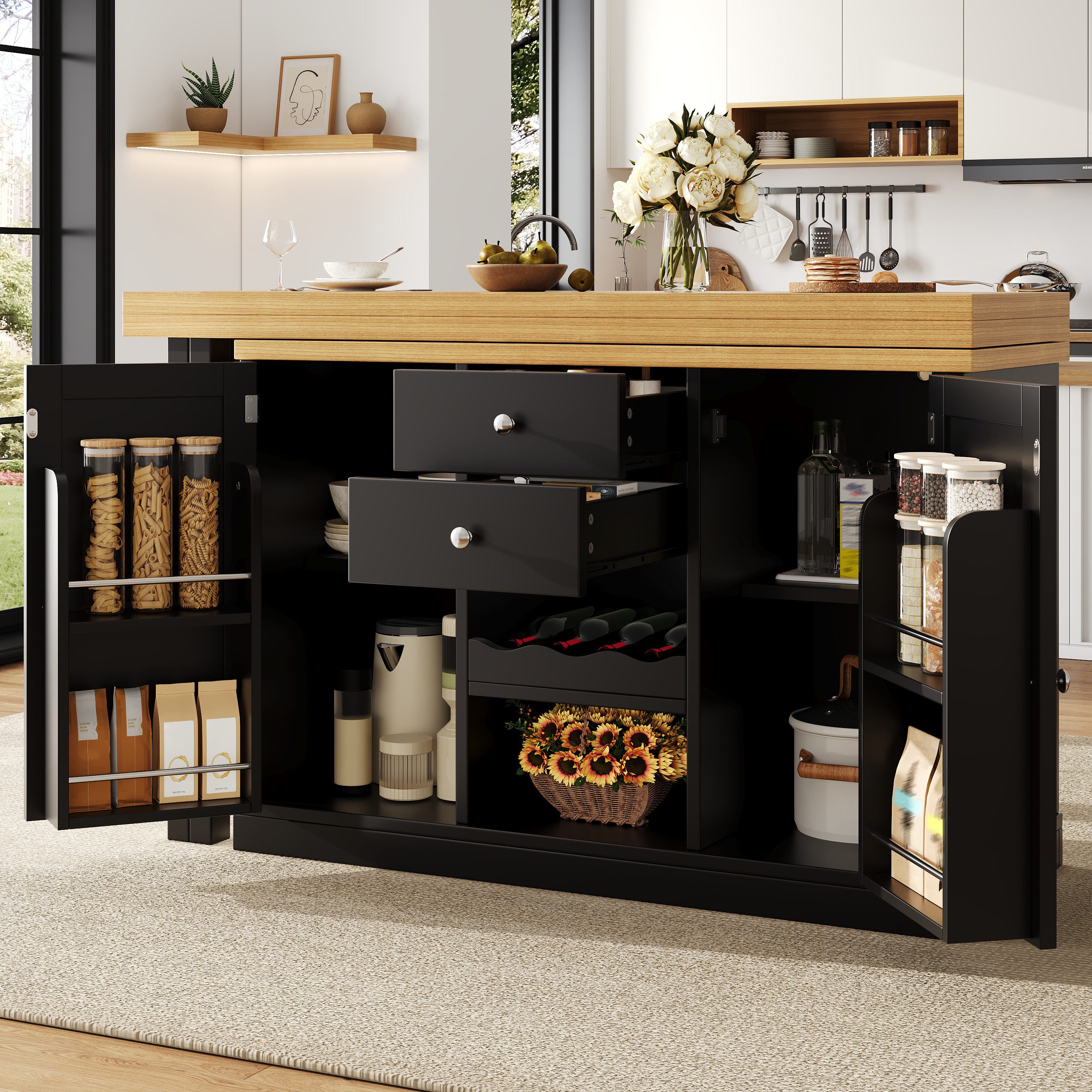 Flieks Kücheninsel Küchenschrank mit 360° drehbarer und klappbarer Arbeitstisch, (Holzoptik Tischplatte Tiefe 40-80cm, Längenverstellbar 120-197cm), ausziehbarer Esstisch & Mehrzweckschrank mit Weinregal Schwarz