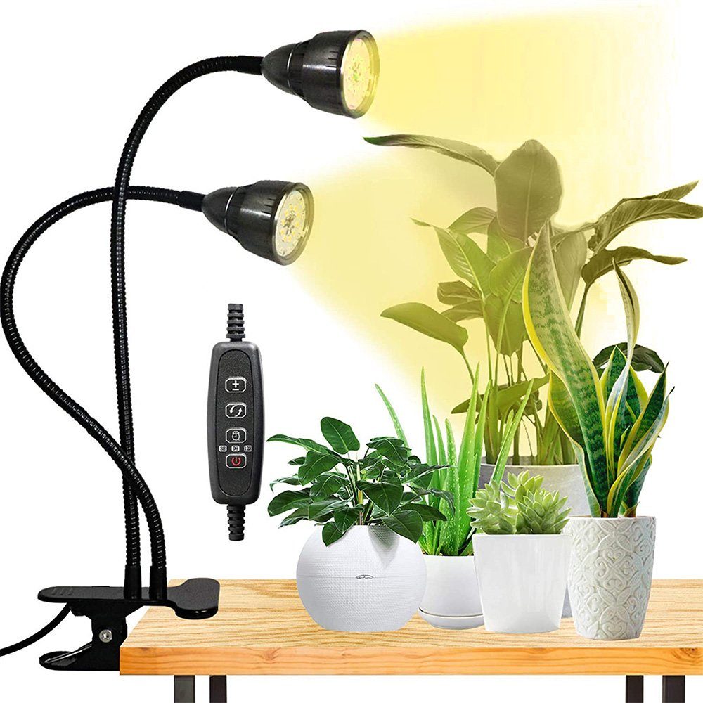 Rosnek Pflanzenlampe LED Grow Light,Doppelkopf,Vollspektrum,Timer,Clip-On,USB, LED, Rot, Blau, Gelb, Doppelkopf-Pflanzenlicht