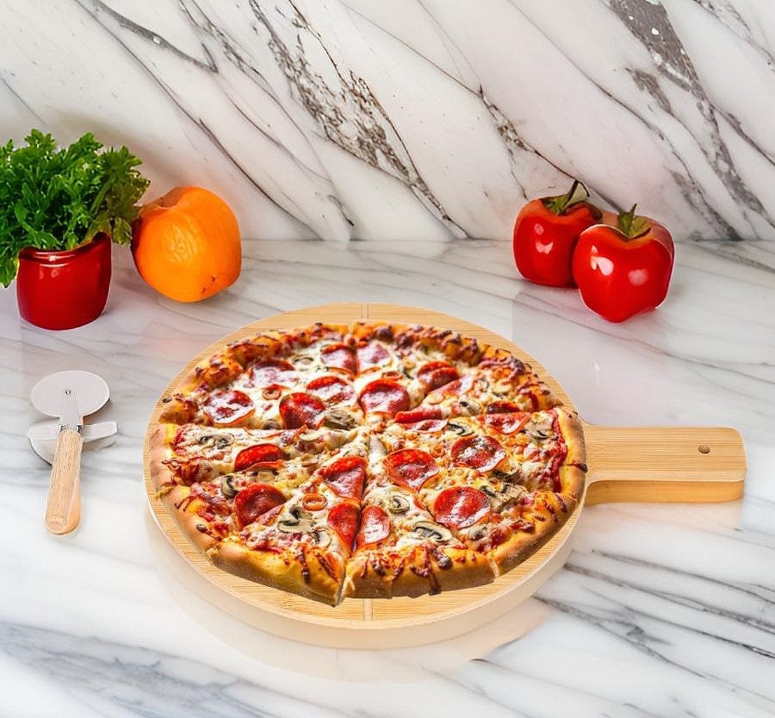 Cheffinger Servierbrett Pizzabrett Flammkuchenbrett Servierbrett mit Pizzaschneider