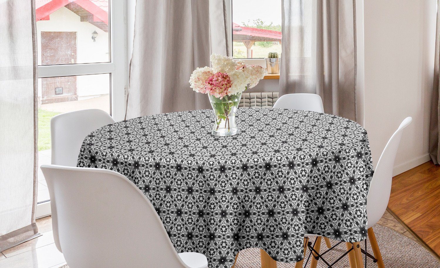 Abakuhaus Tischdecke Kreis Tischdecke Abdeckung für Esszimmer Küche Dekoration, Grau und Weiß Boho Blumenkunst