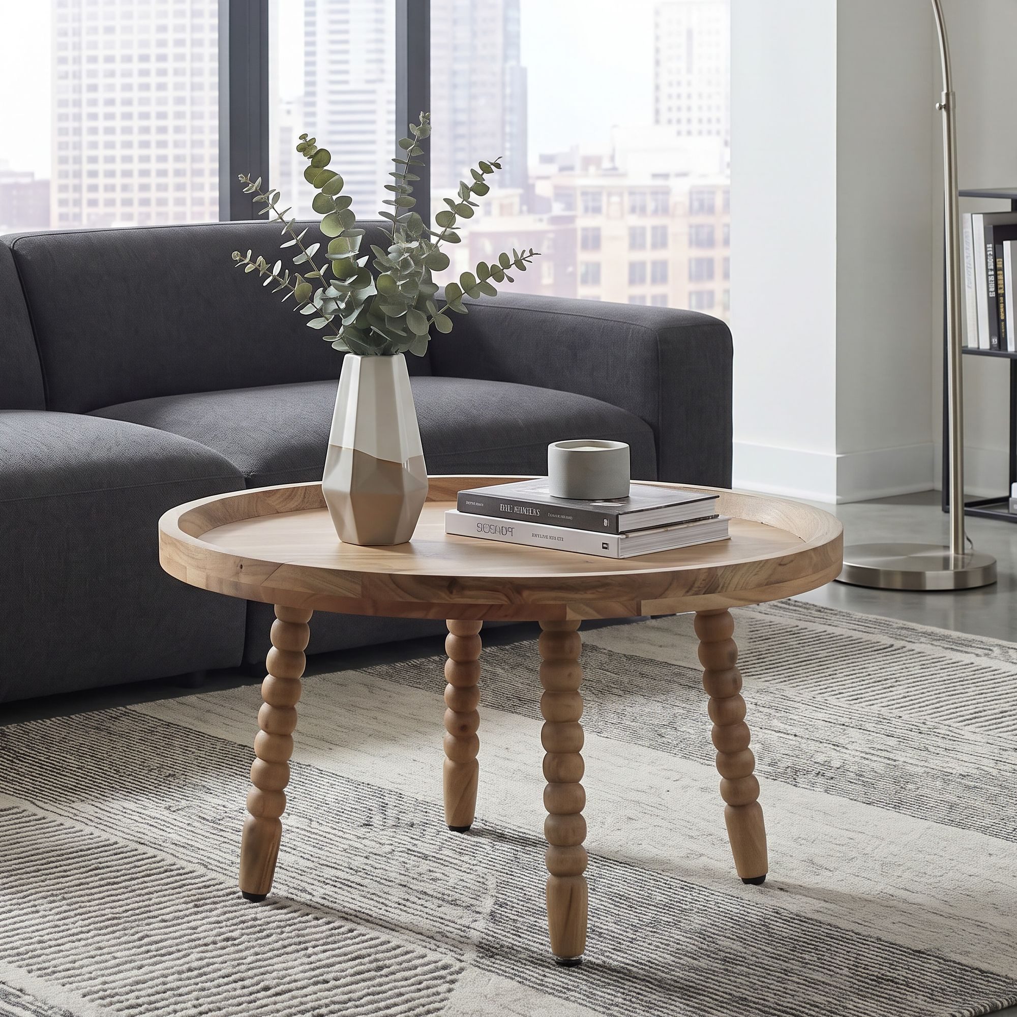 FINEBUY Couchtisch FB117841 Massivholz 60cm Sofatisch Beistelltisch Kaffeetisch Tisch (Traditioneller Wohnzimmertisch aus Akazienholz), Runder Kaffeetisch mit dekorativen Beinen