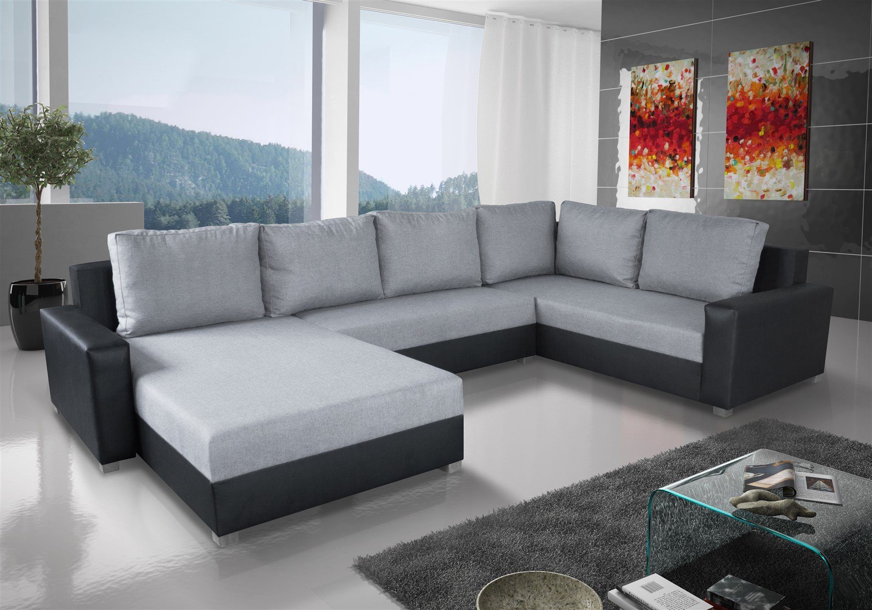 Fun Möbel Wohnlandschaft Couchgarnitur GRADO mit Schlaffunktion Ottomane Links oder Rechts, inkl. 6 Rückenkissen mit Reißverschluss, Inkl. Bettkasten