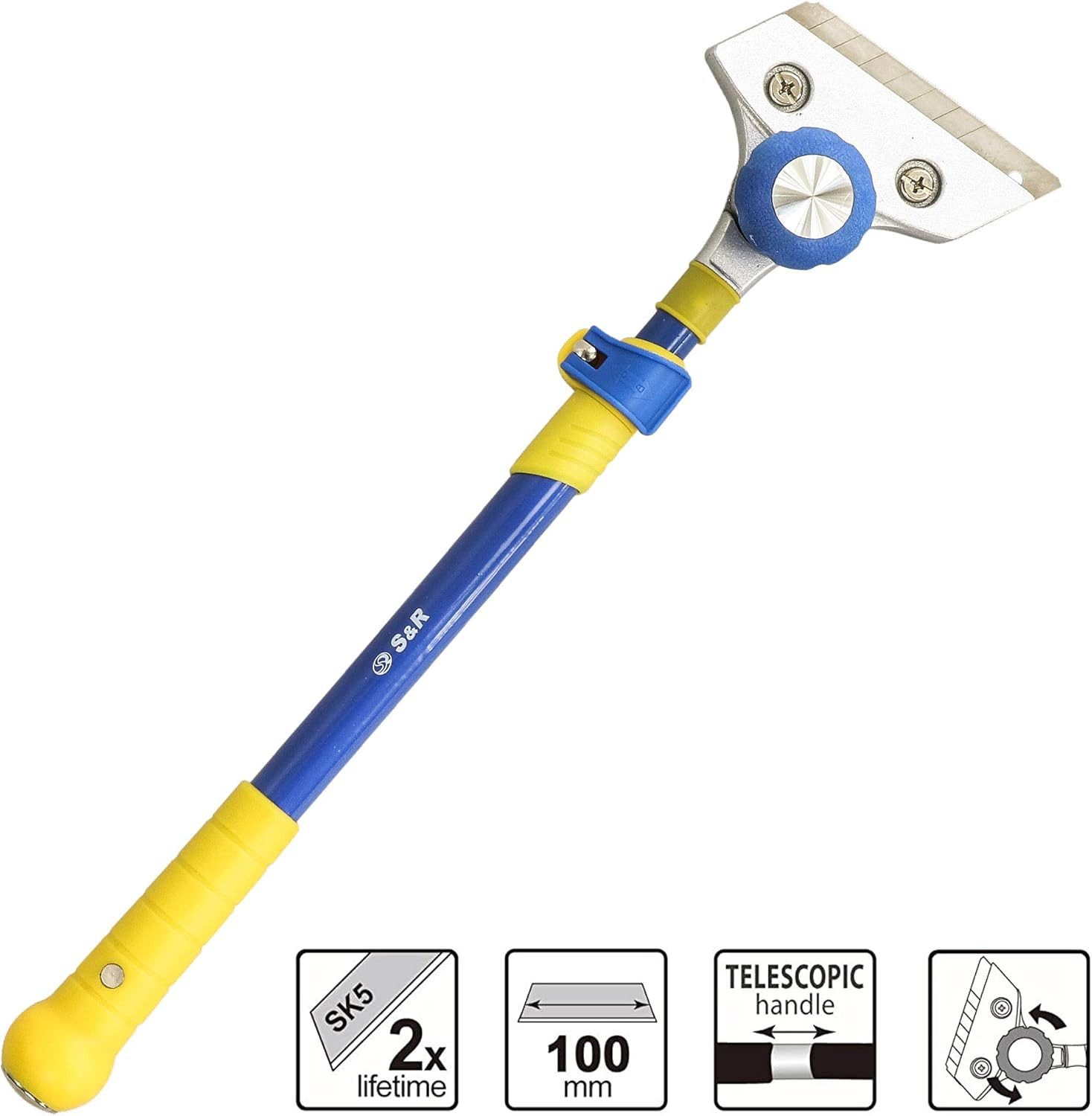 S&R Universalschaber TELESKOP 420 mm - 630 mm, verstellbare Kopf-Ausrichtung Tapetenlöser, scharfe und präzise SK5 Carbonstahl Klinge 100 mm