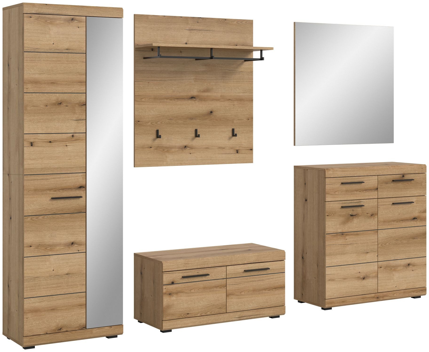 xonox.home Garderoben-Set, (5tlg. Set Garderobenschrank, Sitzbank, Paneel, Schuhkommode, Spiegel), Evoke Oak Nachbildung Softclose Melamin Modern 272x197x40 cm
