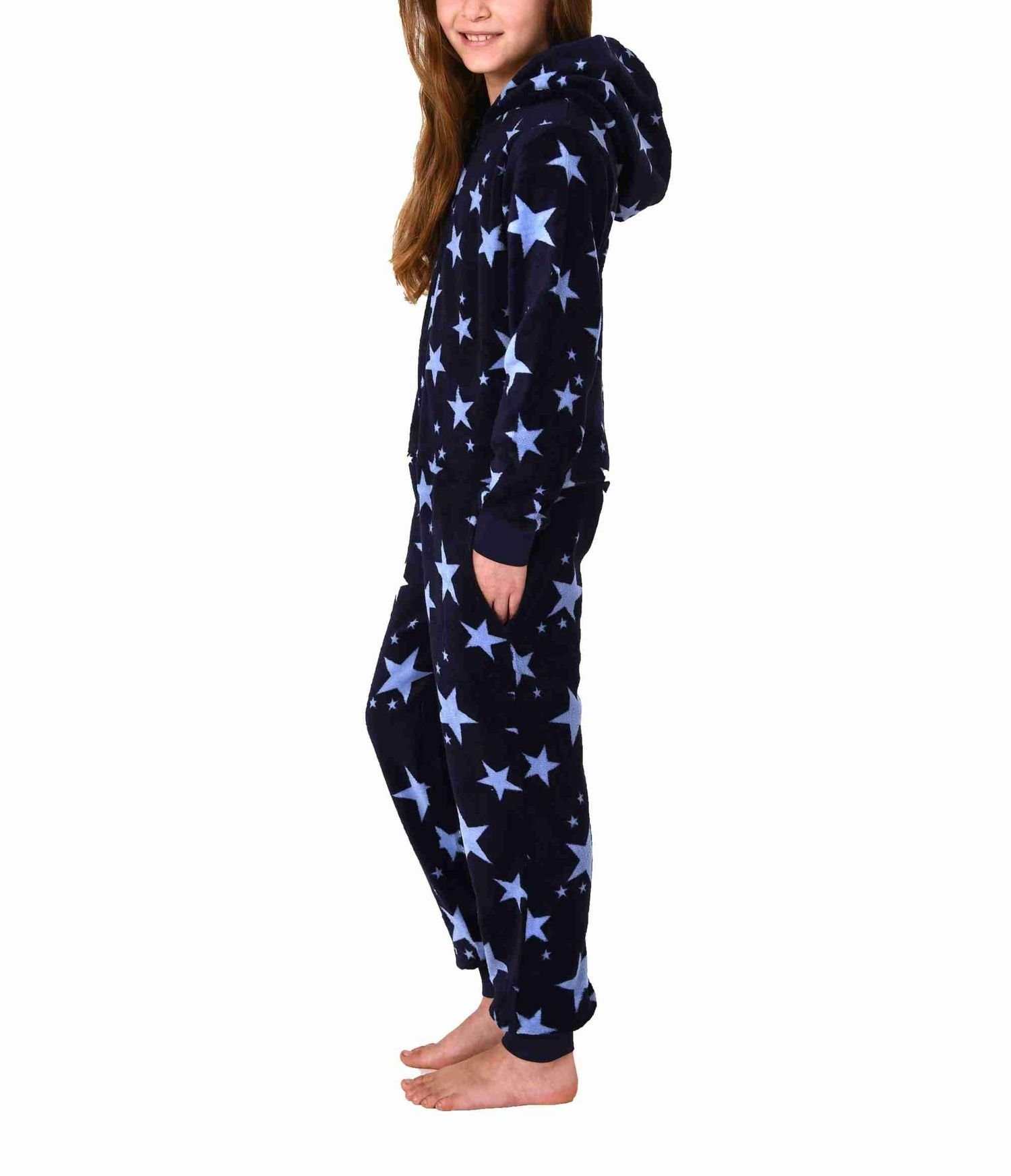 Pyjama Damen Jumpsuit Overall mit Kapuze im Sternen Look aus Coralfleece
