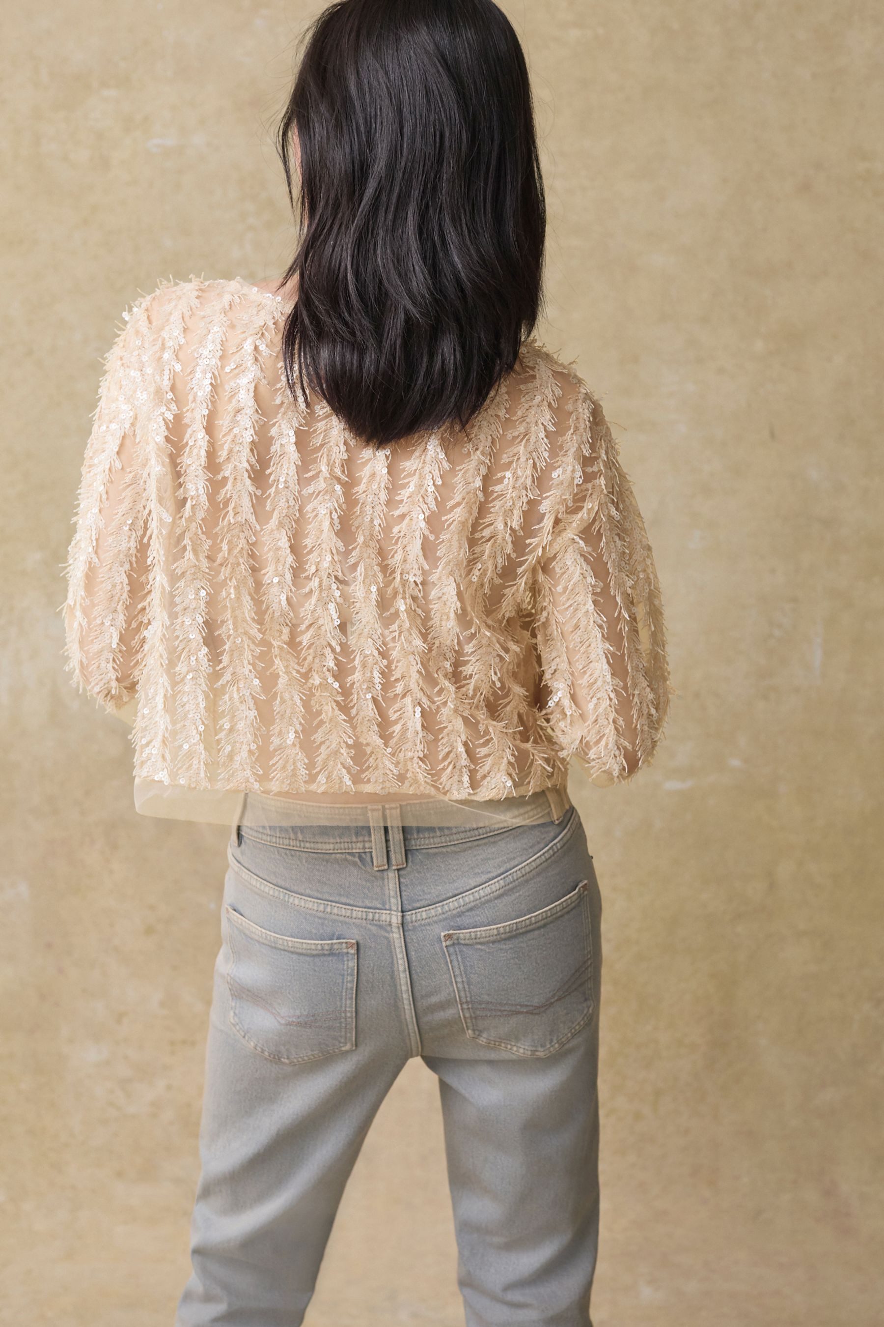 Next Paillettenshirt Transparentes Top mit 3/4-Ärmeln günstig online kaufen