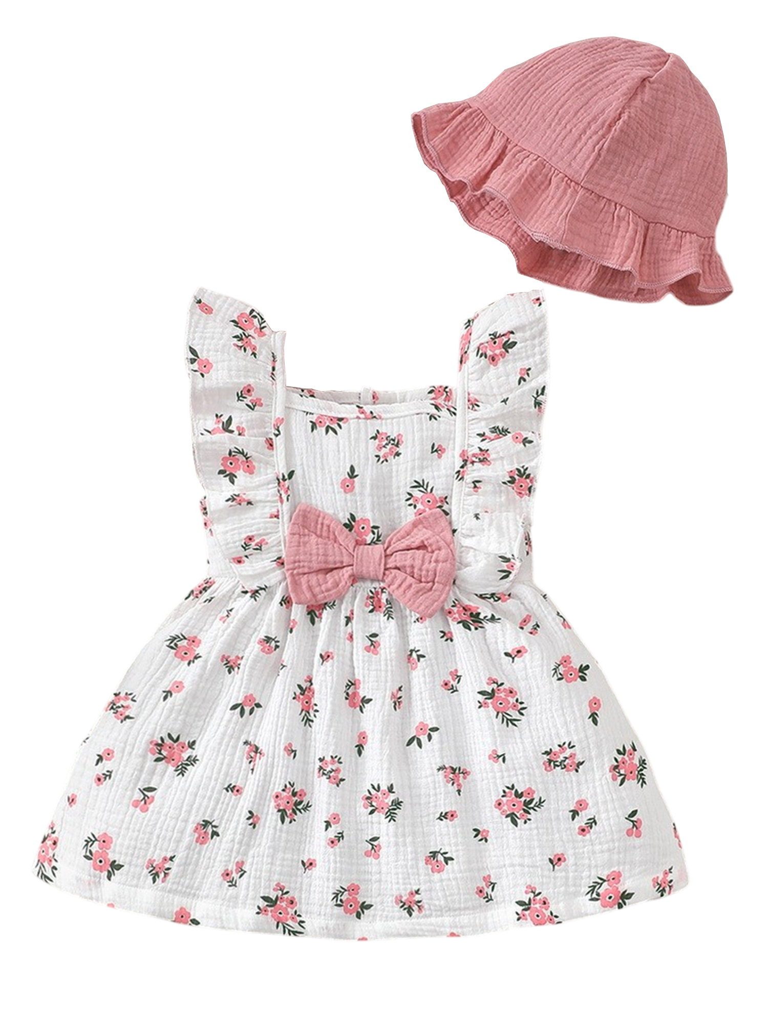 Lapastyle A-Linien-Kleid Baby Mädchen Kleidung, ärmelloses Rüschenkleid und Hut, 100% Baumwolle (Set, 2-tlg) Süßes Sommerkleid-Set mit Blumenmuster, für Freizeit und Partys