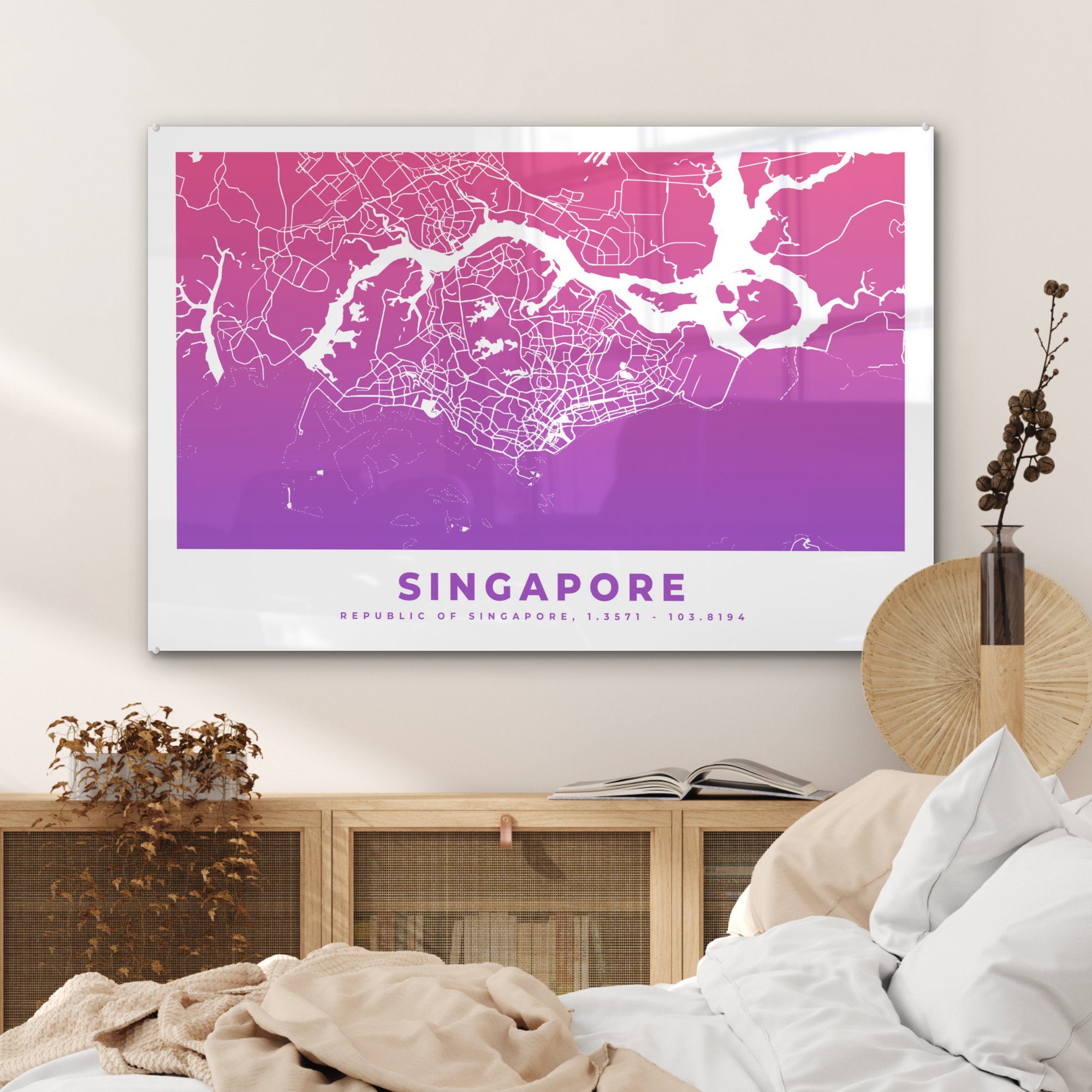 MuchoWow Acrylglasbild Wohnzimmer St), Stadt - Karte, Singapur - Schlafzimmer & Acrylglasbilder (1