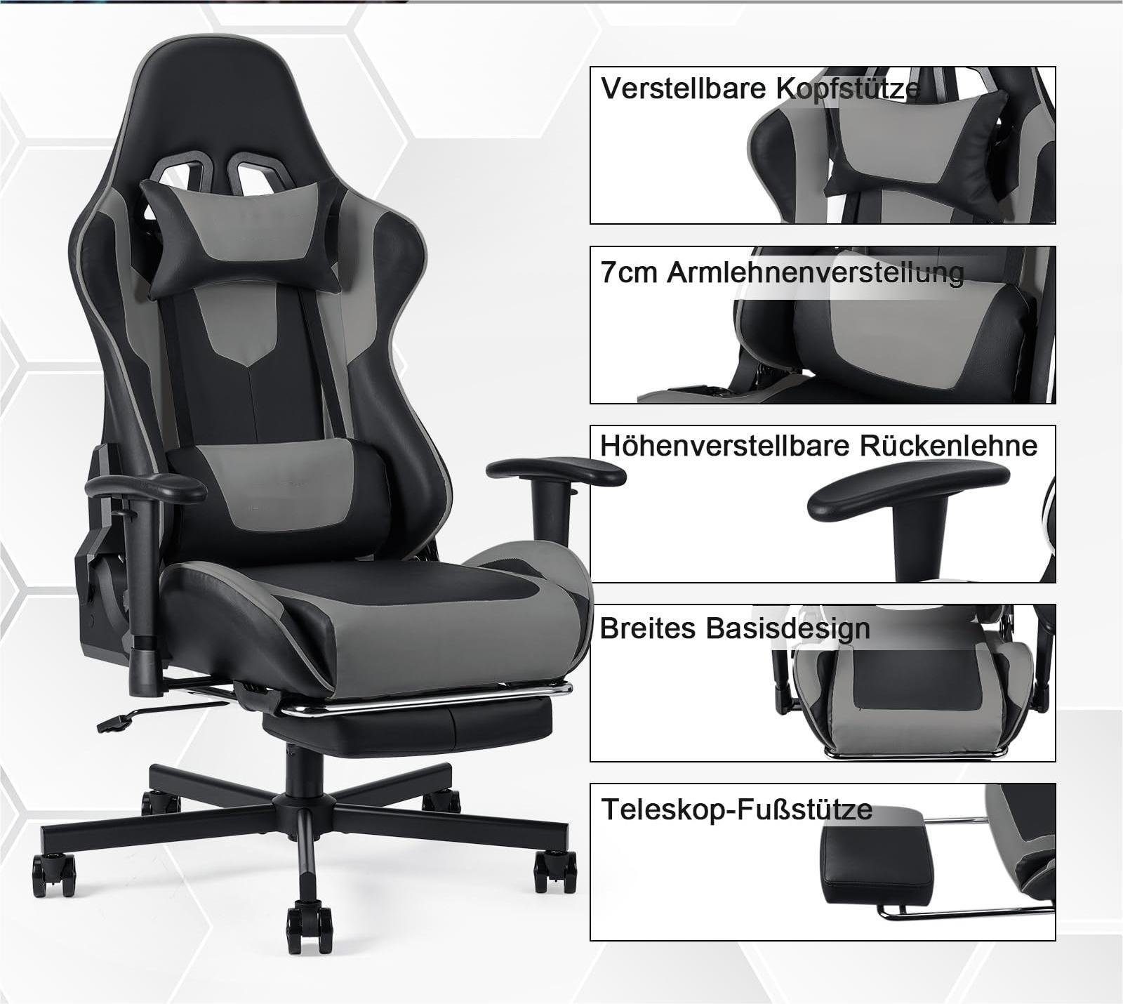 Lendenkissen Bürostuhl Gaming-Stuhl mit Nackenkissen, Kippfunktion, Fußstütze, Gaming-Stühle mit Gamer-Rennstuhl Rückenlehne 90°-150° (3D-Armlehnen, Fangqi ergonomische verstellbaren verstellbar, Armlehnen),