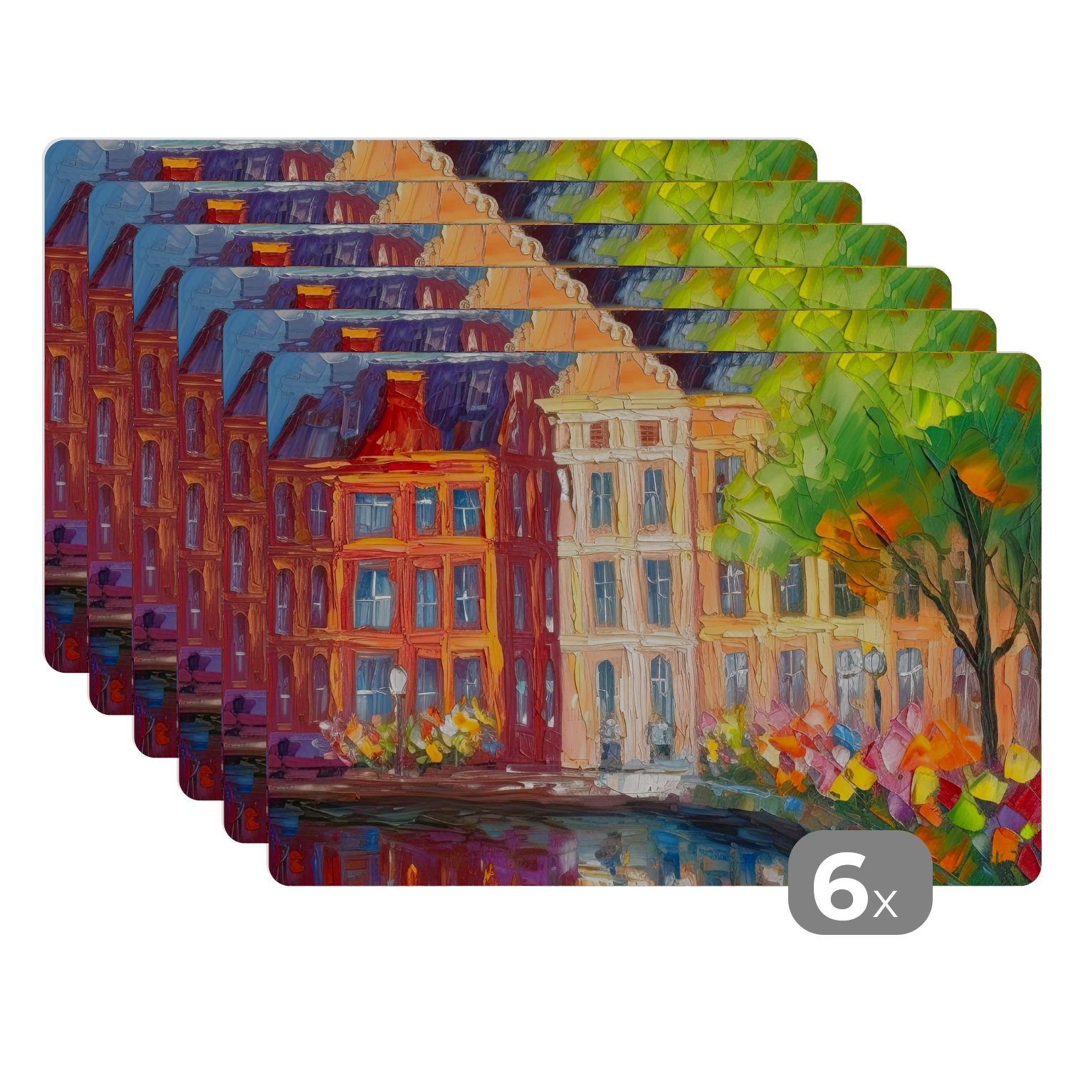 - Platzset, Kunst Tischmatten, - (6-St), Platzset, Ölgemälde MuchoWow, Amsterdam Platzmatte, Platzdecken, Schmutzabweisend Farbenfroh, -